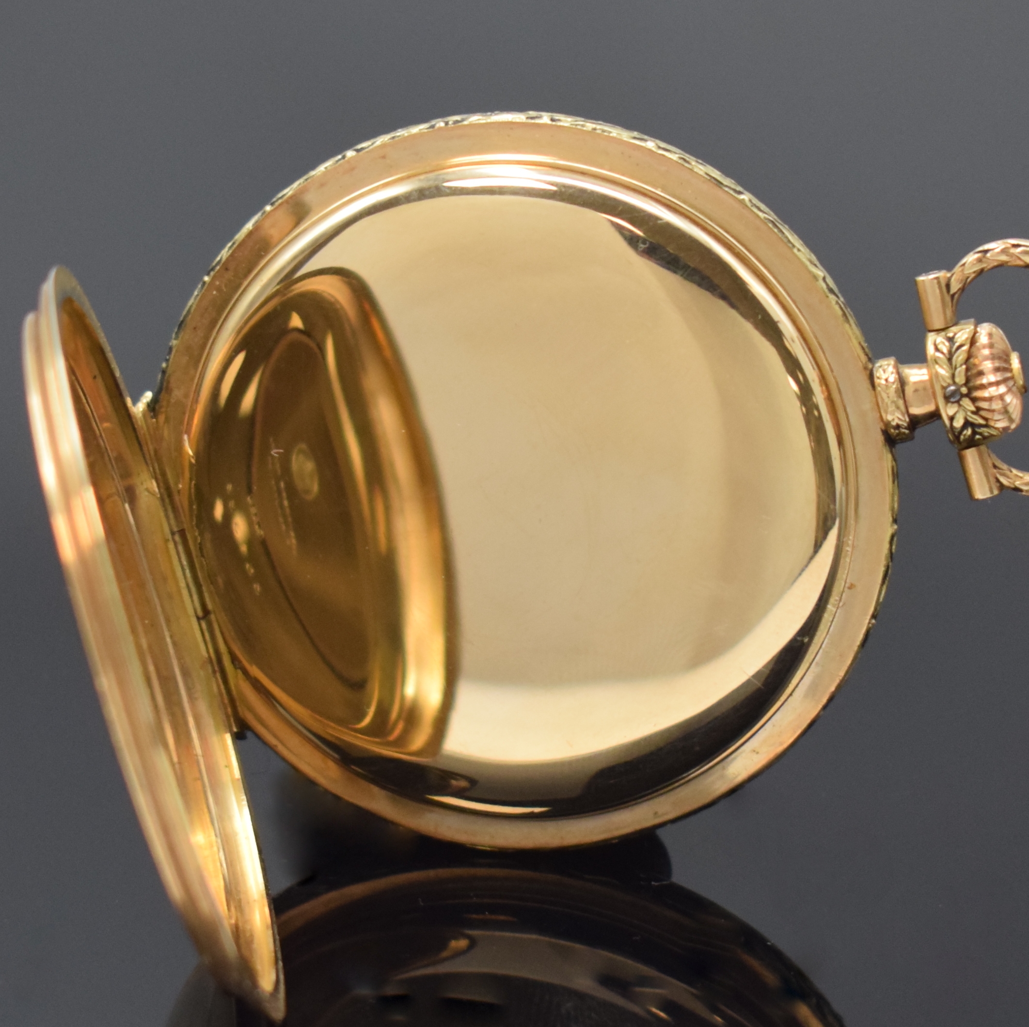 Detail e: DEUTSCHE PRÄZISIONSUHR ORIGINAL GLASHÜTTE Herrensavonette in GG 585/000, Deutschland um 1925, 3-Deckel Goldgeh. m. tief grav. Rand, Bügel u. ...