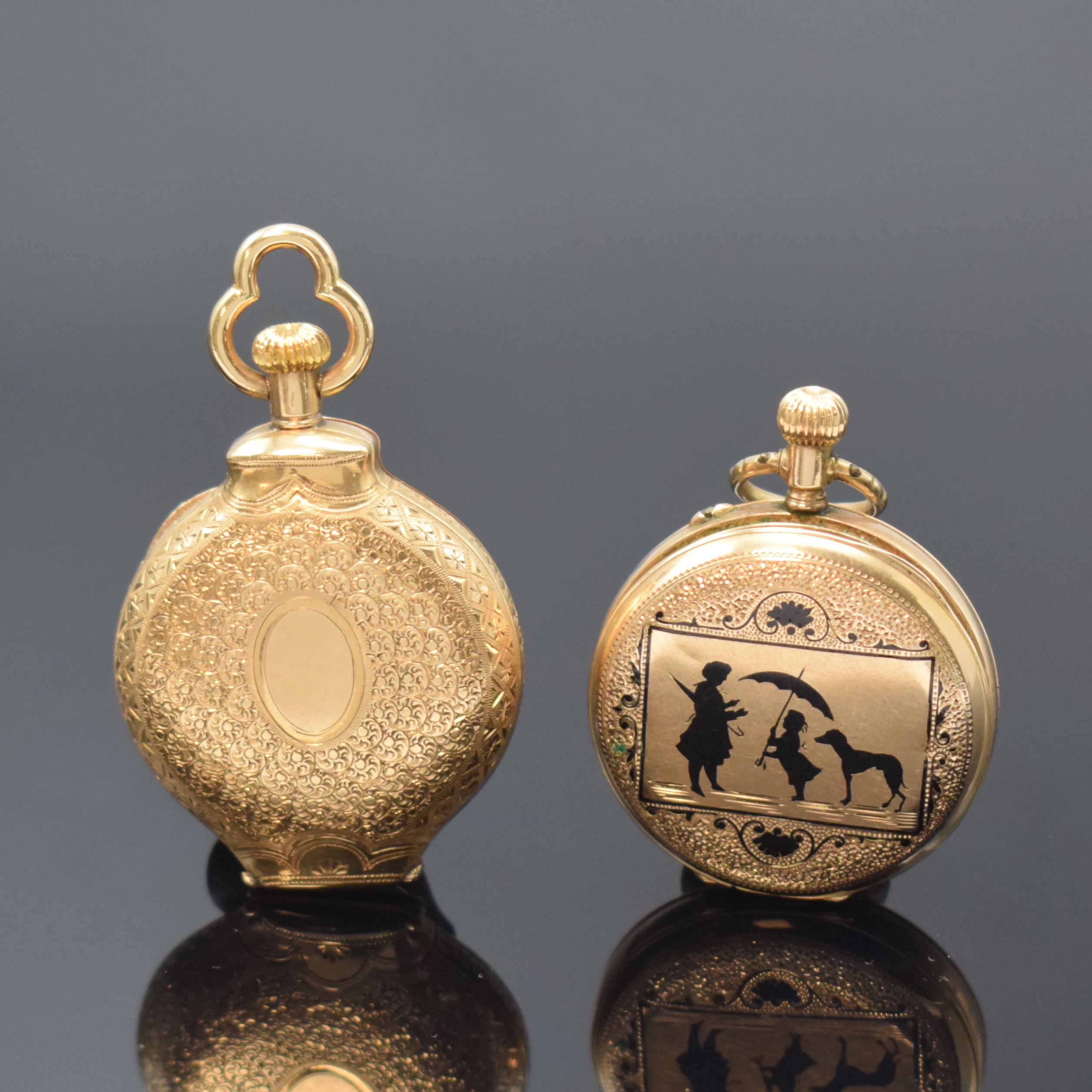 Detail b: Konvolut: 2 Damentaschenuhren in RG 585/000, Schweiz um 1890, 1) Pateck Genève, 3-Deckel- Gold Savonette in Vasenform, fein grav. Geh., vern. ...