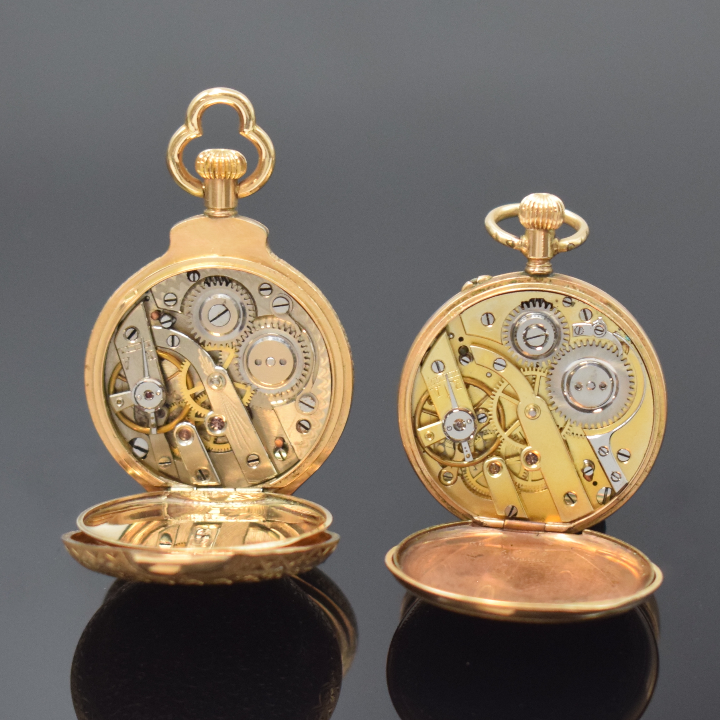 Detail f: Konvolut: 2 Damentaschenuhren in RG 585/000, Schweiz um 1890, 1) Pateck Genève, 3-Deckel- Gold Savonette in Vasenform, fein grav. Geh., vern. ...