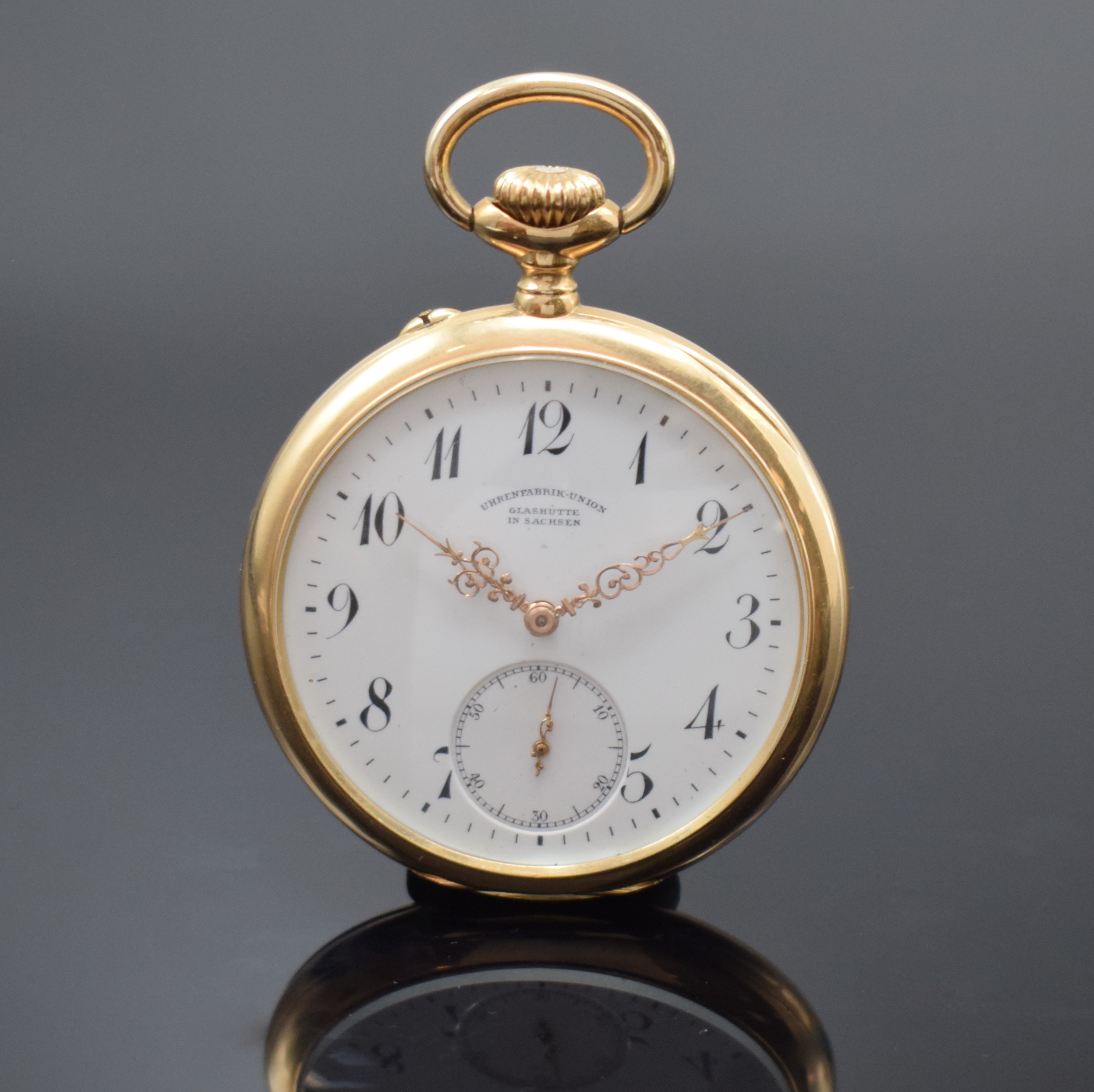 UHRENFABRIK UNION Glashütte offene Taschenuhr Nr. 3083 in GG 585/000, Deutschland um 1920, glattes Lucia-Geh., Goldcuvette bez. "Deutsche Bank ...