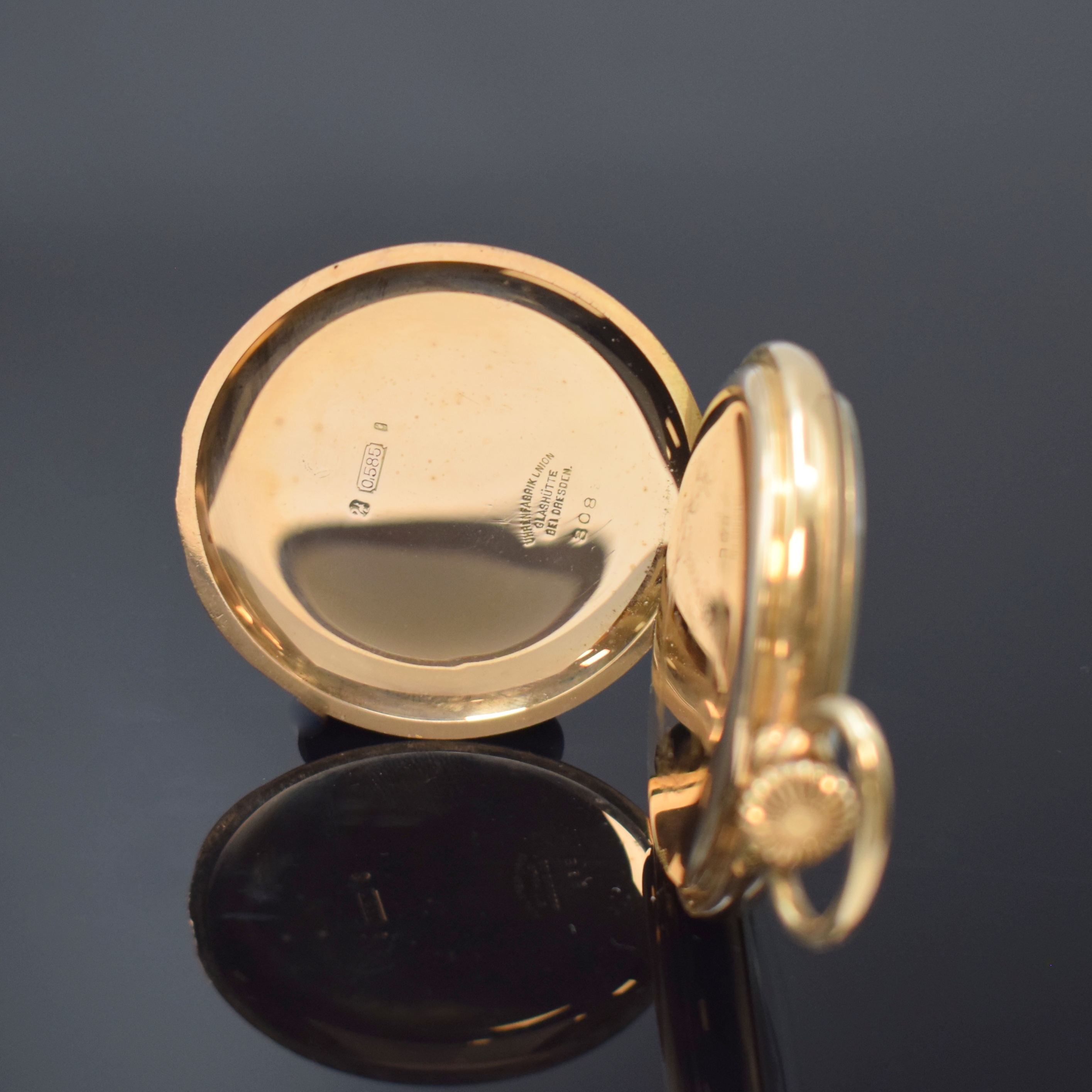 Detail b: UHRENFABRIK UNION Glashütte offene Taschenuhr Nr. 3083 in GG 585/000, Deutschland um 1920, glattes Lucia-Geh., Goldcuvette bez. "Deutsche Bank ...