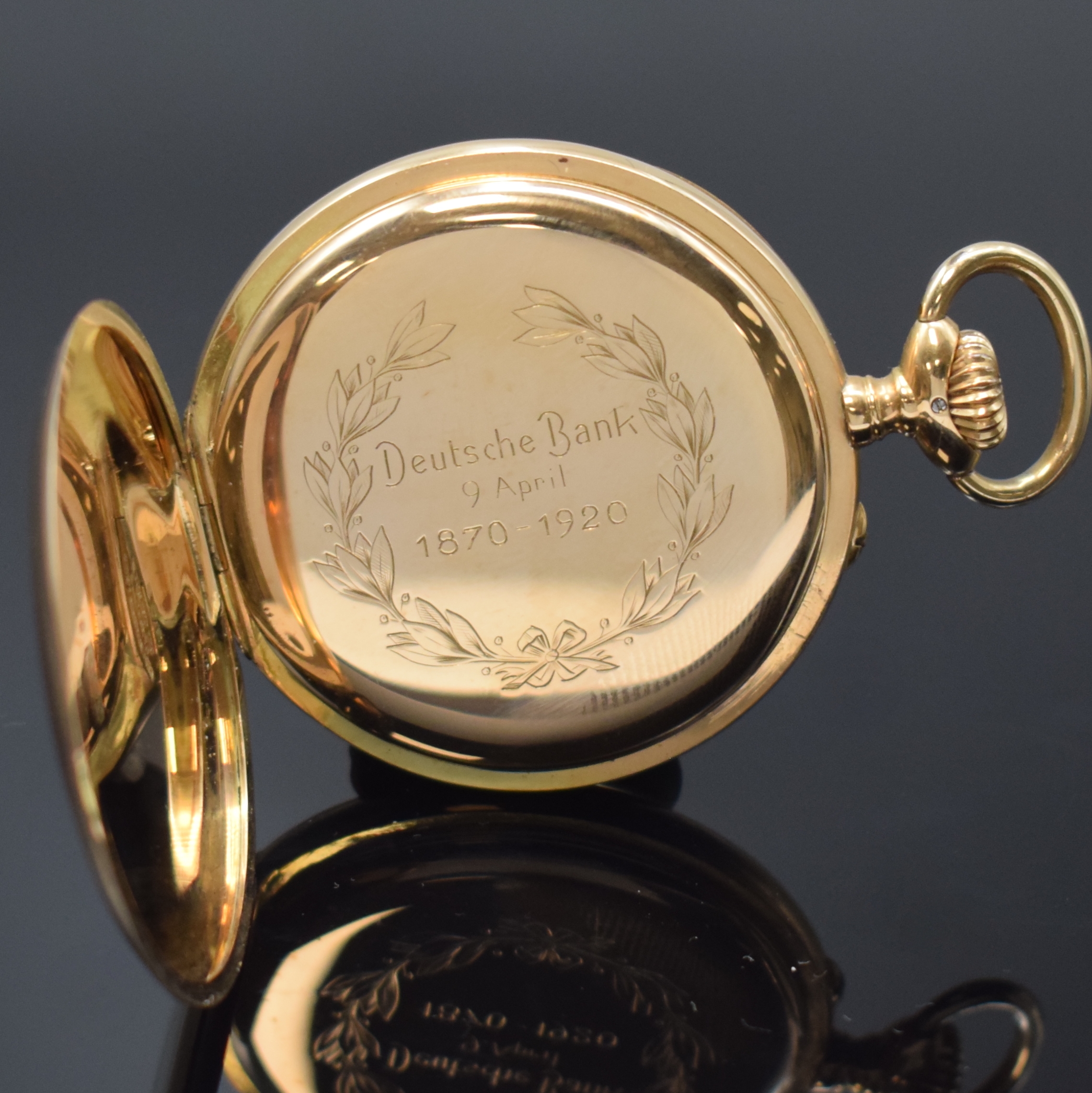 Detail c: UHRENFABRIK UNION Glashütte offene Taschenuhr Nr. 3083 in GG 585/000, Deutschland um 1920, glattes Lucia-Geh., Goldcuvette bez. "Deutsche Bank ...