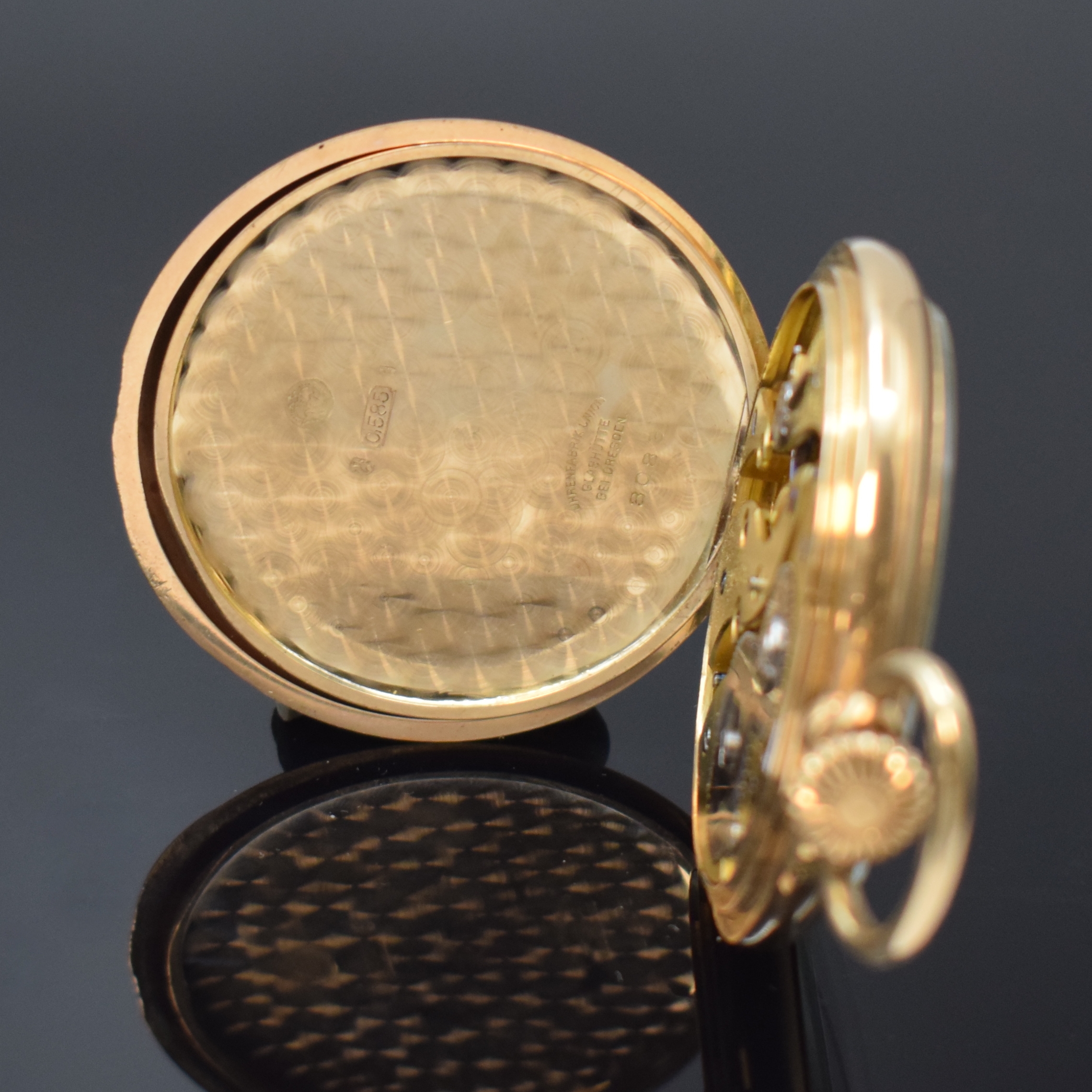 Detail d: UHRENFABRIK UNION Glashütte offene Taschenuhr Nr. 3083 in GG 585/000, Deutschland um 1920, glattes Lucia-Geh., Goldcuvette bez. "Deutsche Bank ...
