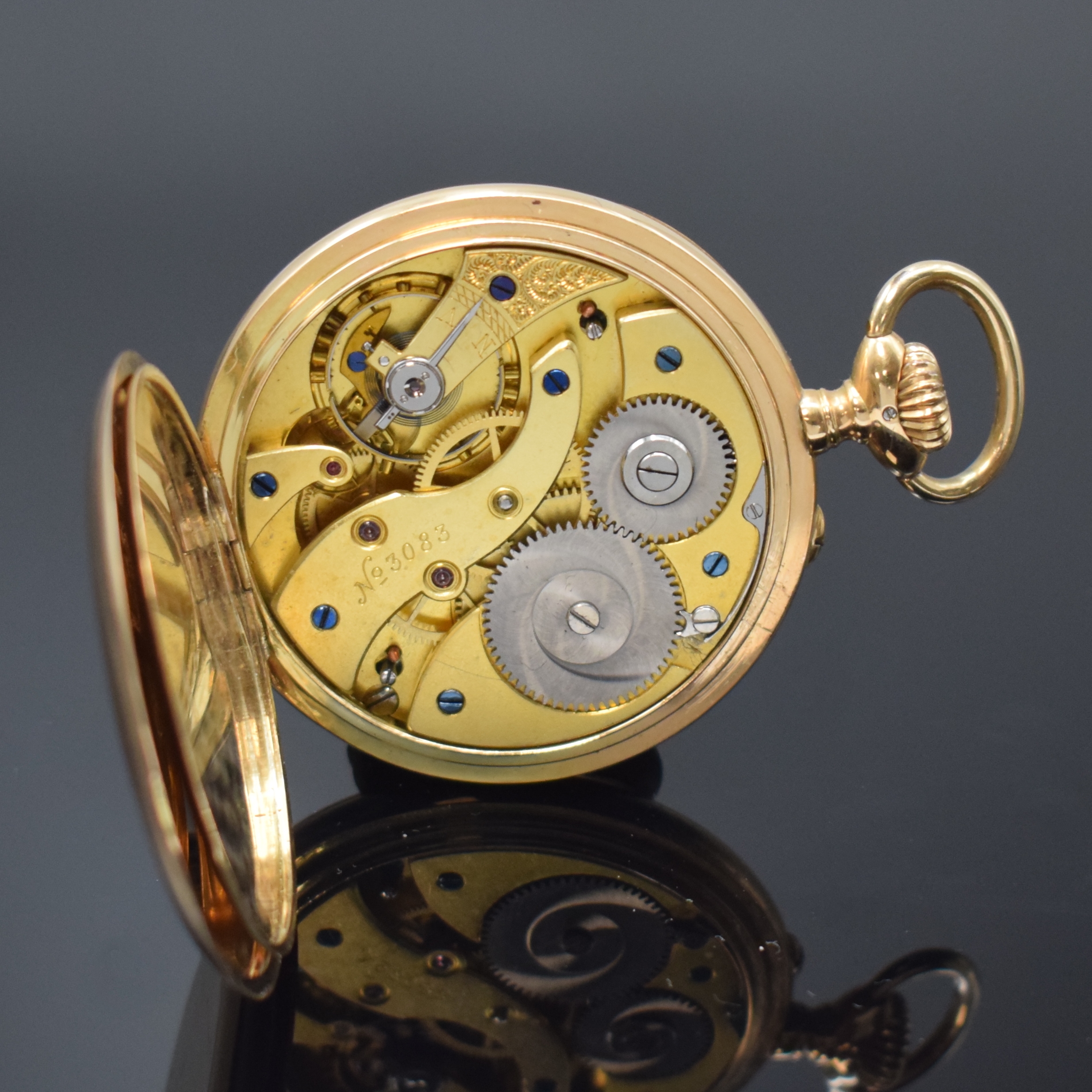 Detail e: UHRENFABRIK UNION Glashütte offene Taschenuhr Nr. 3083 in GG 585/000, Deutschland um 1920, glattes Lucia-Geh., Goldcuvette bez. "Deutsche Bank ...
