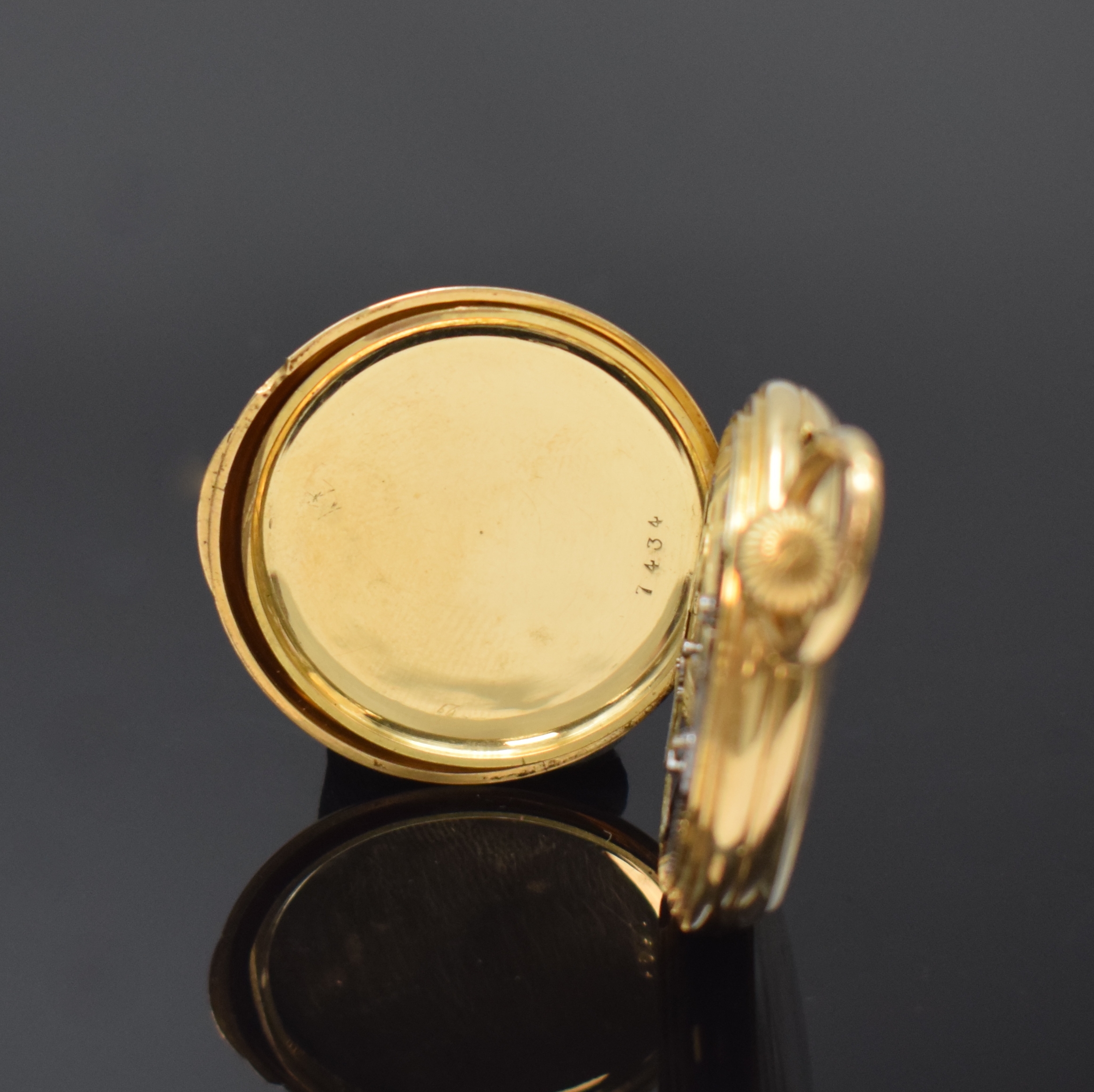 Detail d: A. LANGE & SÖHNE / BRIGHT & SONS offene Damentaschenuhr in GG 750/000, Deutschland um 1875, glattes Jürgens-Geh. dell., Zeigerst. b. 1 zu rep., ...