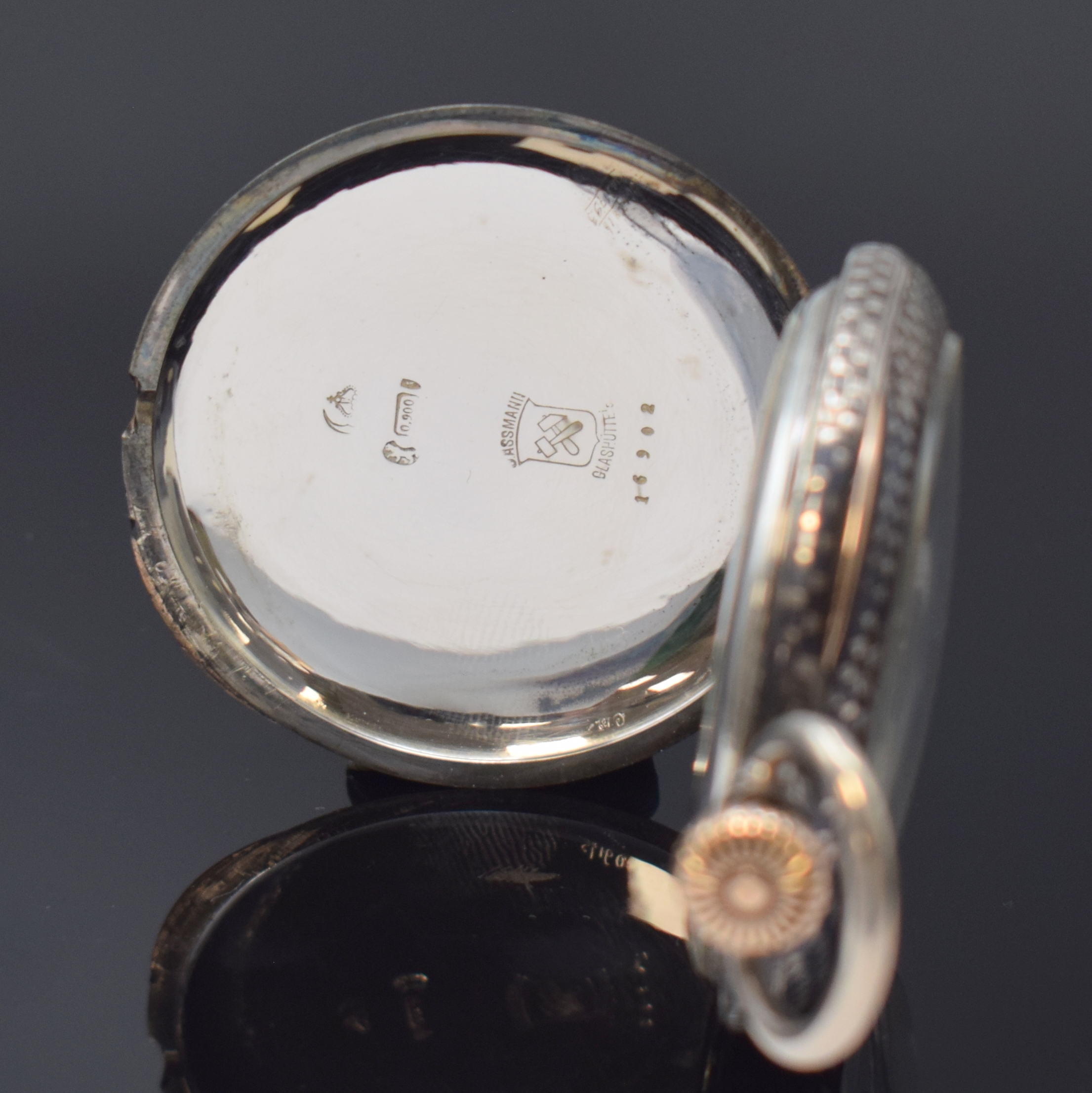 Detail b: ADOLF REGEL / ASSMANN Glashütte offene Tula Silbertaschenuhr, Deutschland/Schweiz um 1910, Lucia-Geh. m. Schachbrett-Tula, größtenteils fehlend, ...