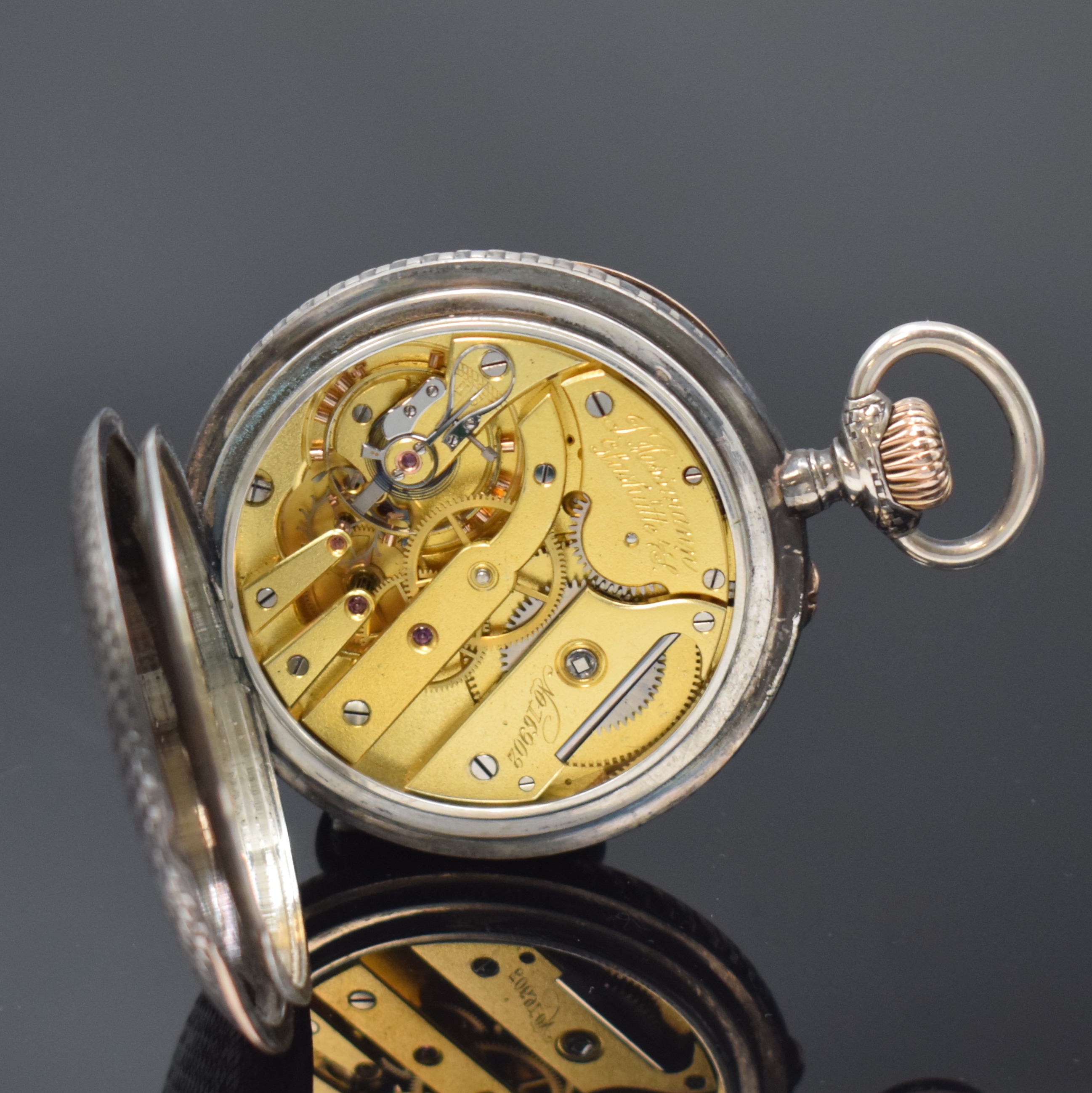 Detail e: ADOLF REGEL / ASSMANN Glashütte offene Tula Silbertaschenuhr, Deutschland/Schweiz um 1910, Lucia-Geh. m. Schachbrett-Tula, größtenteils fehlend, ...