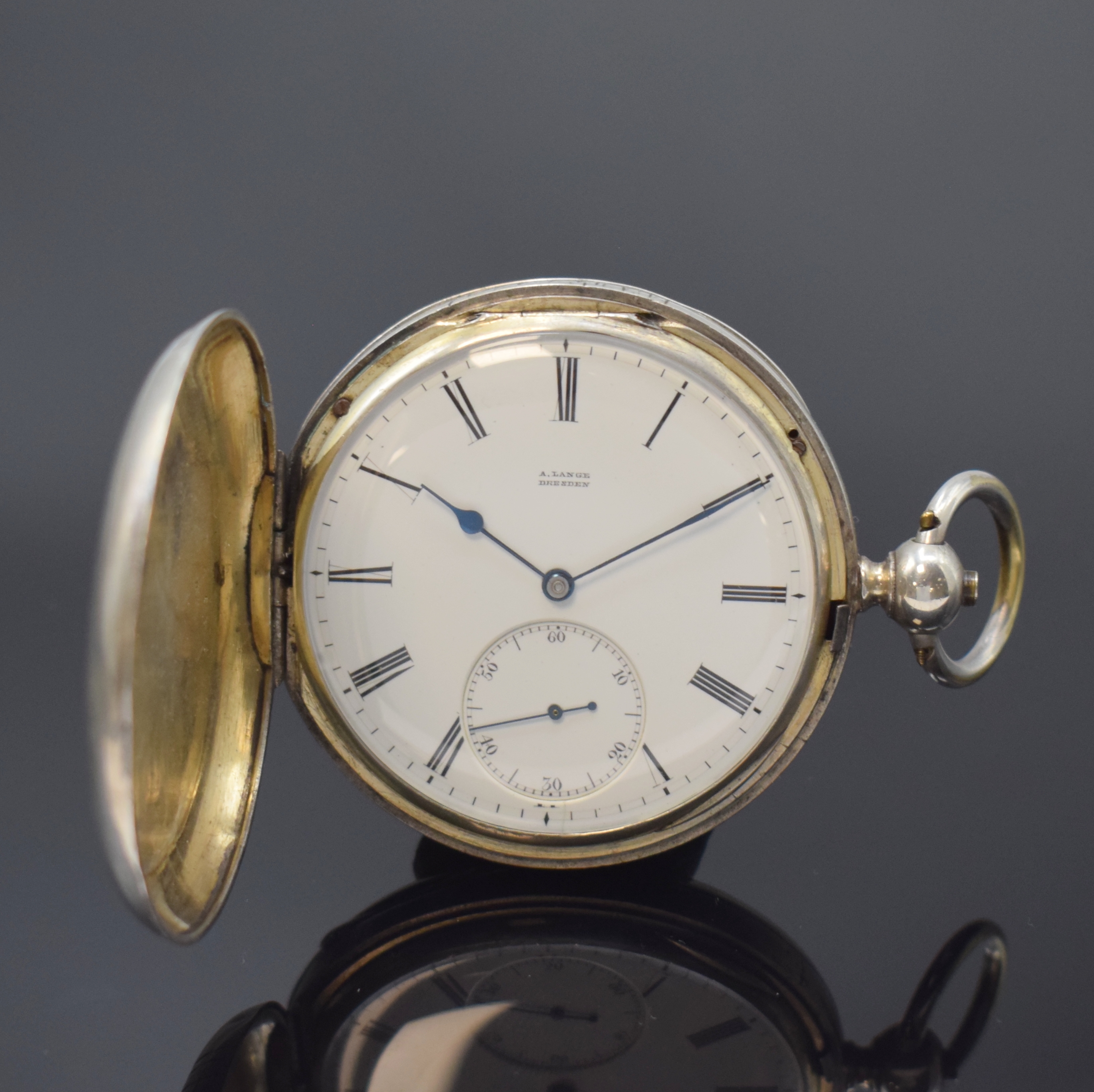 A. LANGE, Dresden frühes 1A-Taschenuhrwerk mit Schlüsselaufzug, Deutschland um 1870, sekundäres Silbergeh., 2-tlg. Emailzifferbl. bez. "A. ...