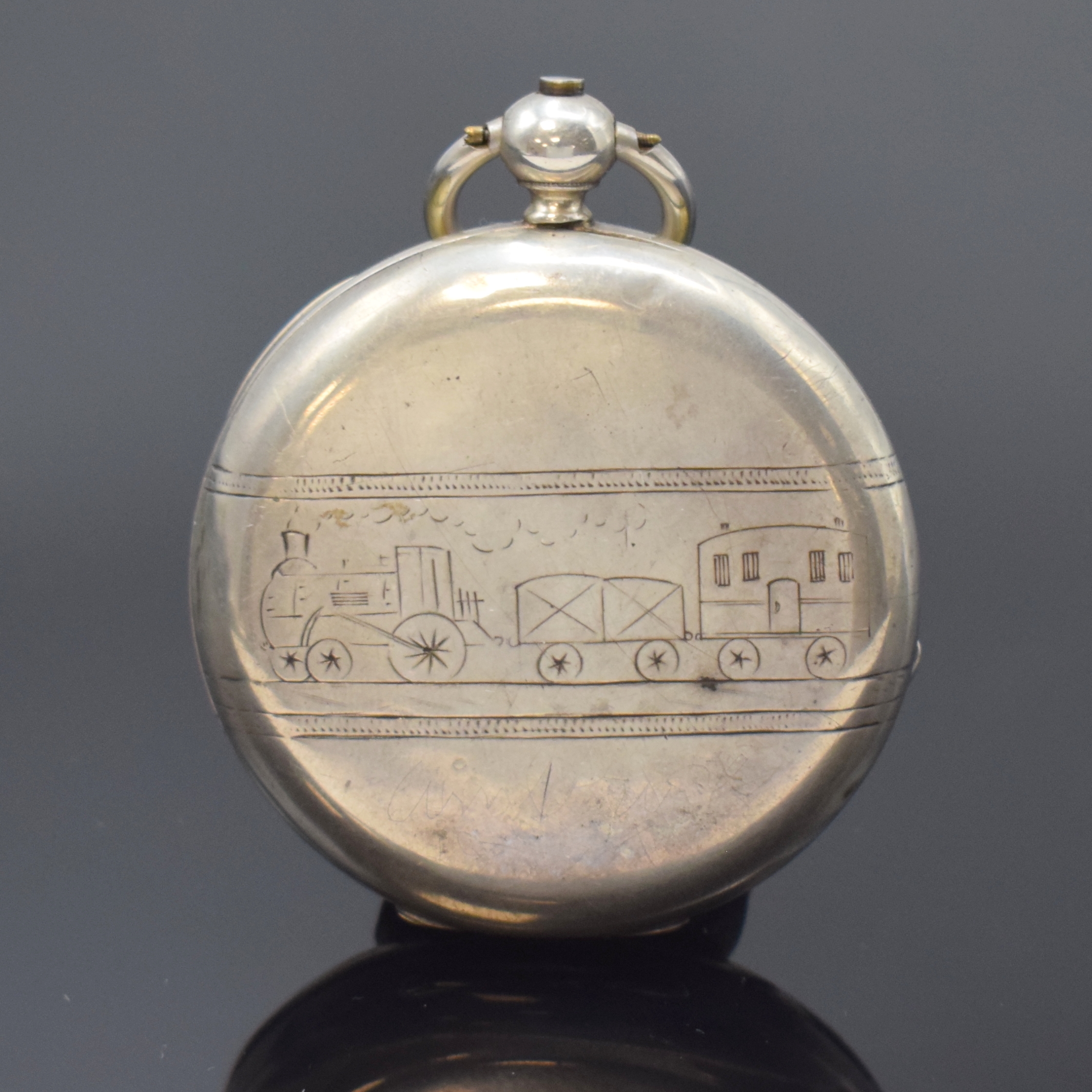 Detail b: A. LANGE, Dresden frühes 1A-Taschenuhrwerk mit Schlüsselaufzug, Deutschland um 1870, sekundäres Silbergeh., 2-tlg. Emailzifferbl. bez. "A. ...