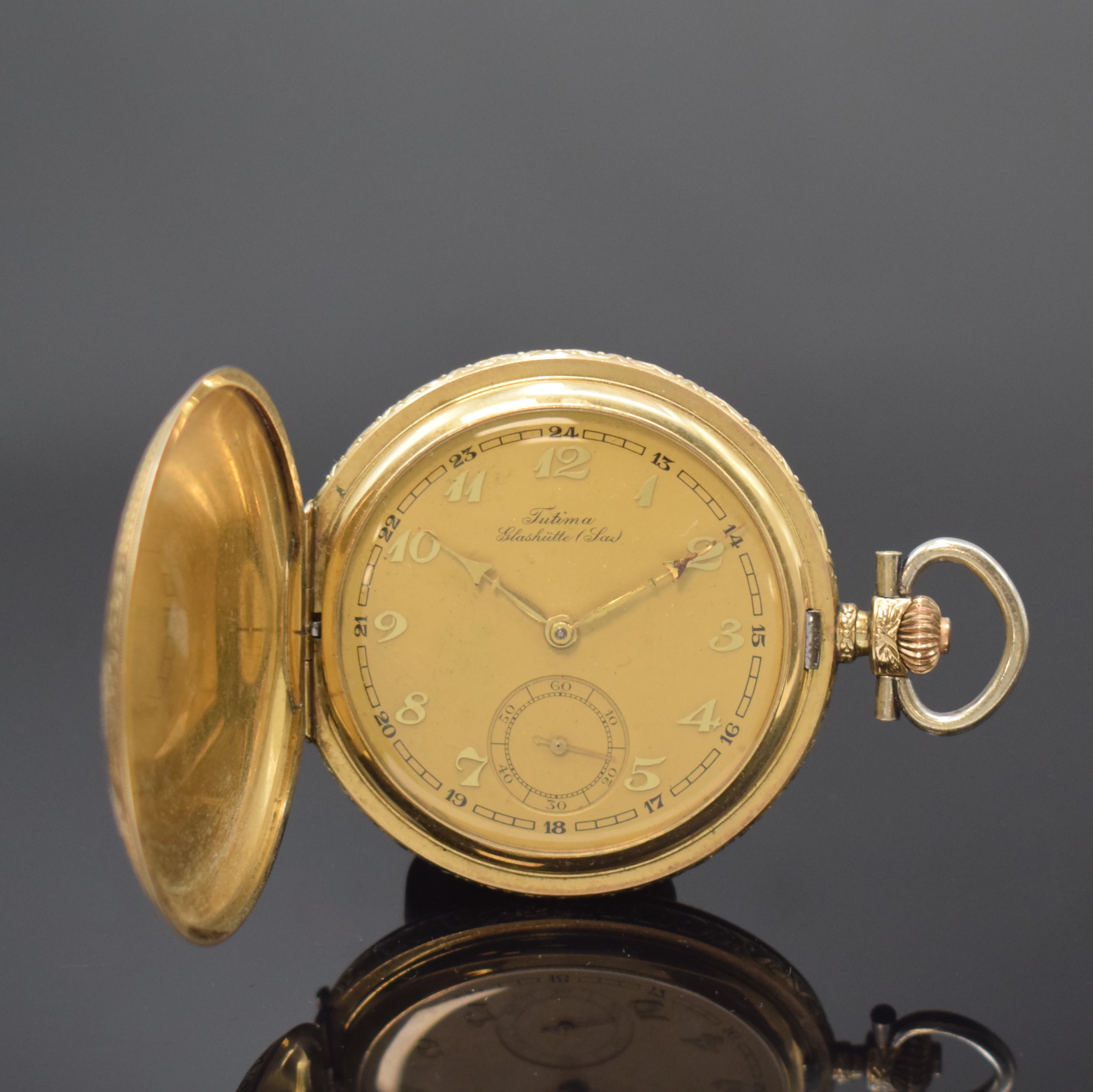 TUTIMA Glashütte vergoldete Herrensavonette, Deutschland um 1930, Geh. m. Büffel-Marke v. Gustav Rau, matt-gold. Zifferbl., gold. Breguetzahlen, ...