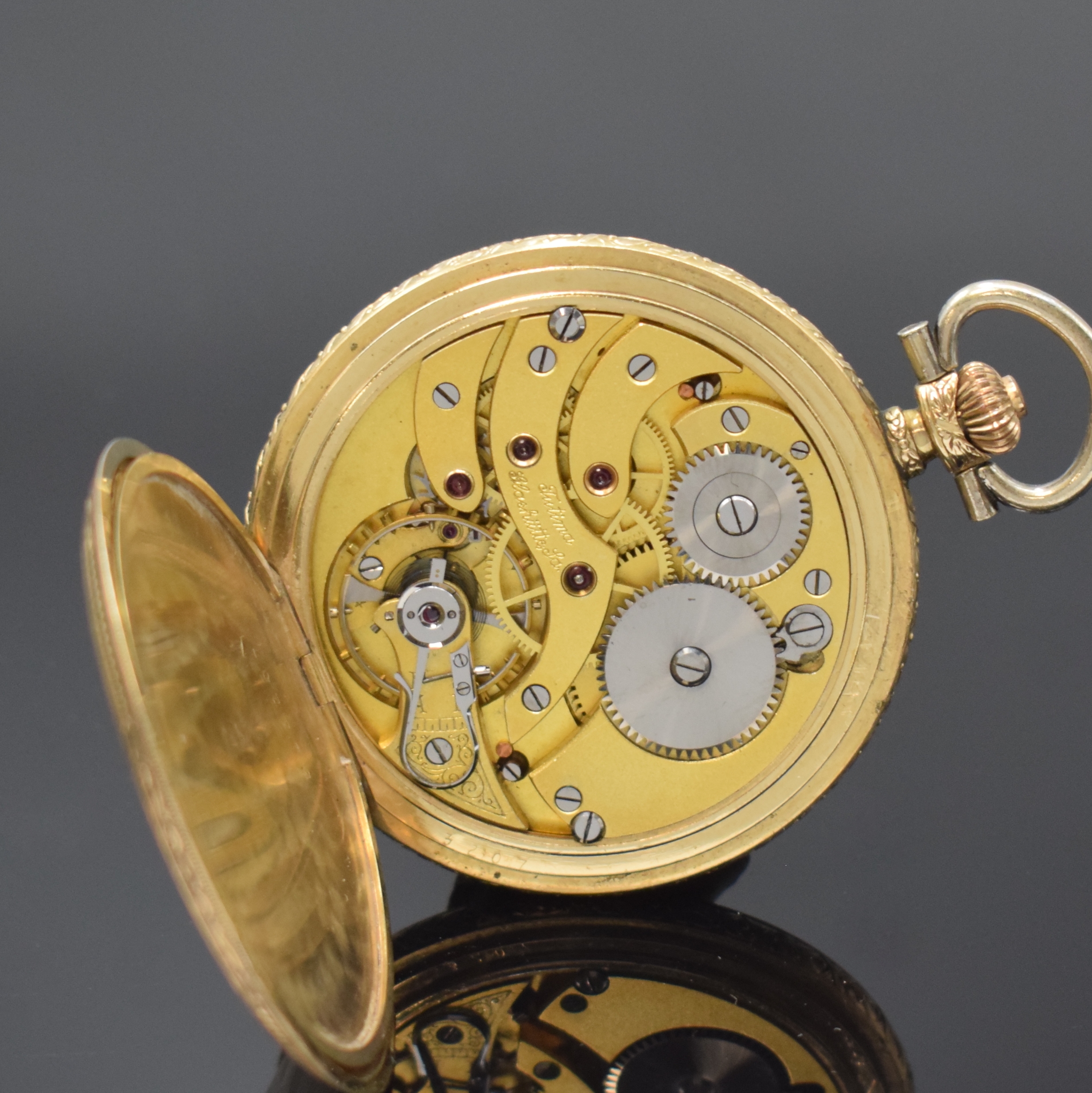 Detail g: TUTIMA Glashütte vergoldete Herrensavonette, Deutschland um 1930, Geh. m. Büffel-Marke v. Gustav Rau, matt-gold. Zifferbl., gold. Breguetzahlen, ...