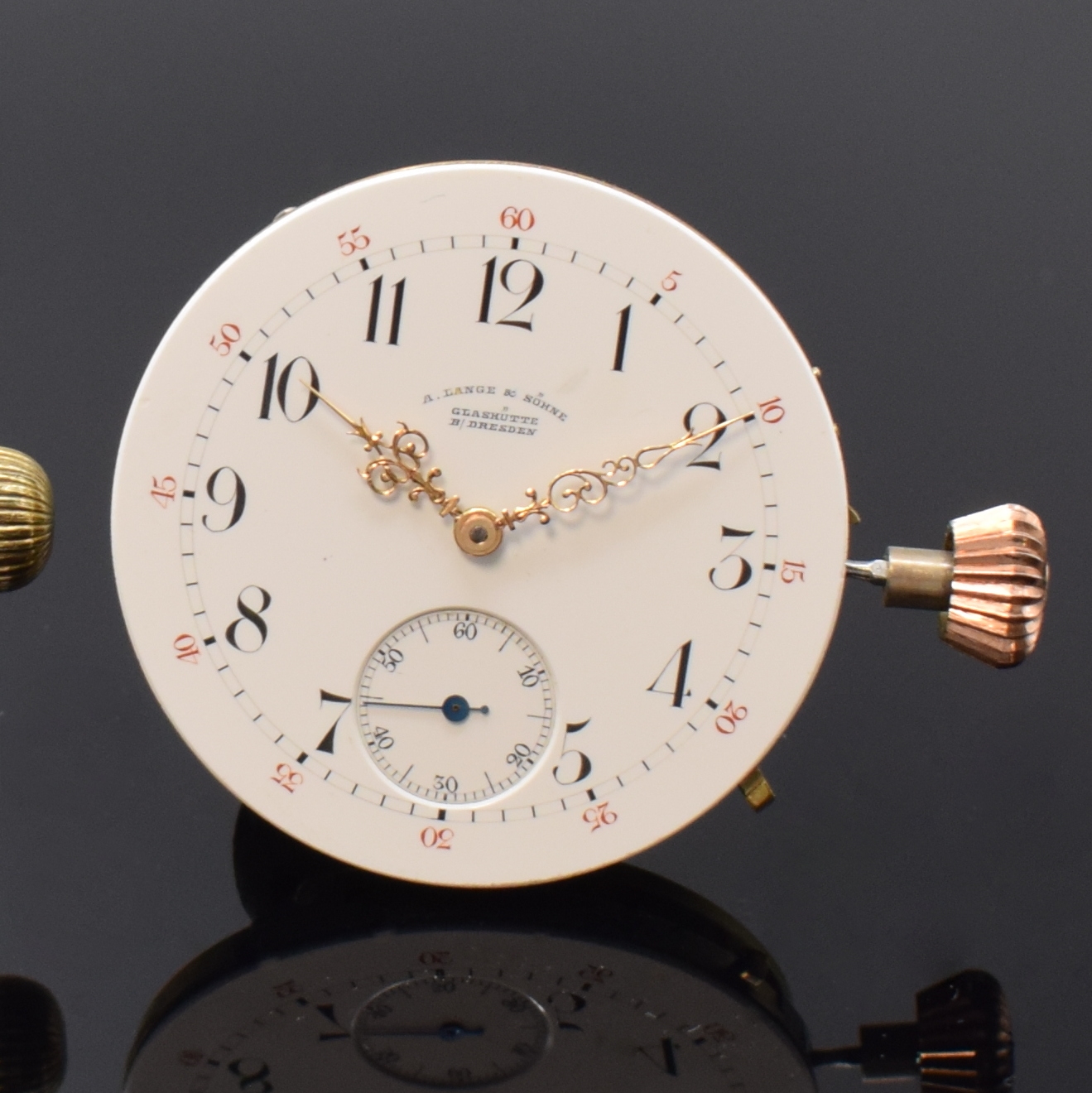Detail d: A. LANGE & SÖHNE 2 Savonette-Werke in 1A Qualität, Deutschland um 1875/1885, 2-tlg. Emailzifferbl., kl. Sek. b. 6, 1) rote Minuterie, Louis-XV ...