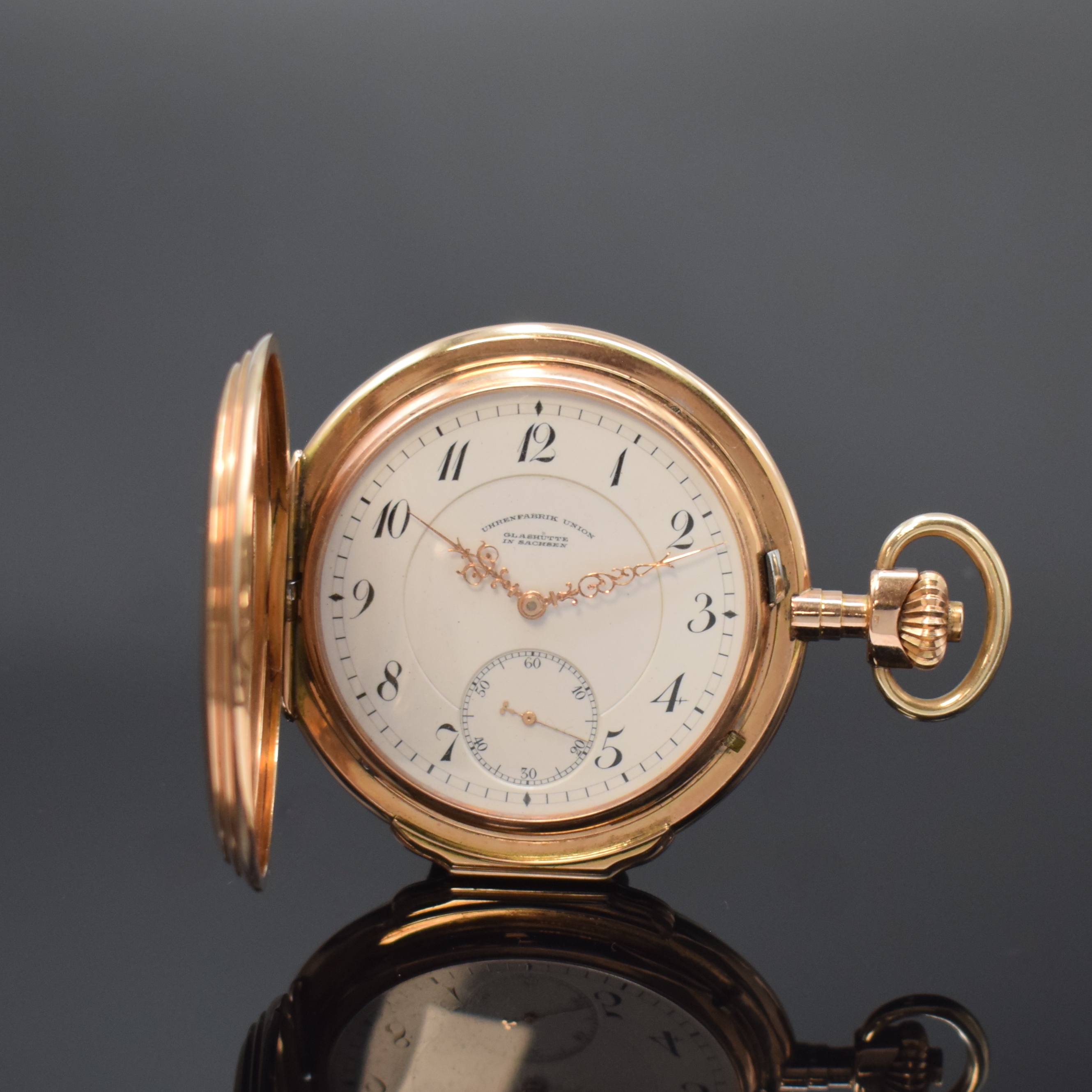 UHRENFABRIK UNION Glashütte große Louis XV Herrensavonette in RG 585/000, Deutschland um 1915, schweres 3-Deckel Goldgeh. m. Außenscharnier, ...