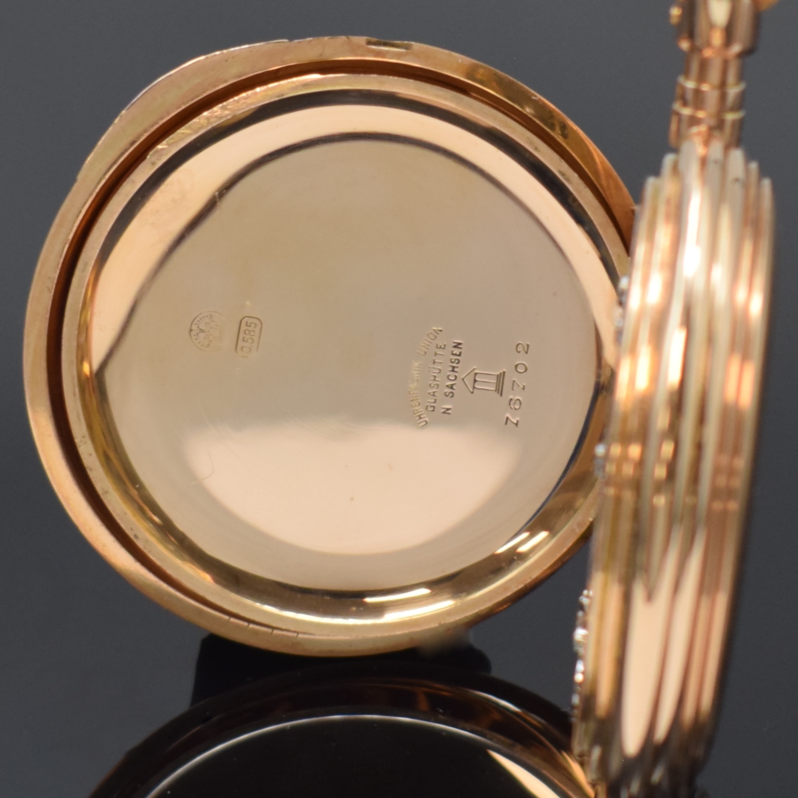 Detail e: UHRENFABRIK UNION Glashütte große Louis XV Herrensavonette in RG 585/000, Deutschland um 1915, schweres 3-Deckel Goldgeh. m. Außenscharnier, ...