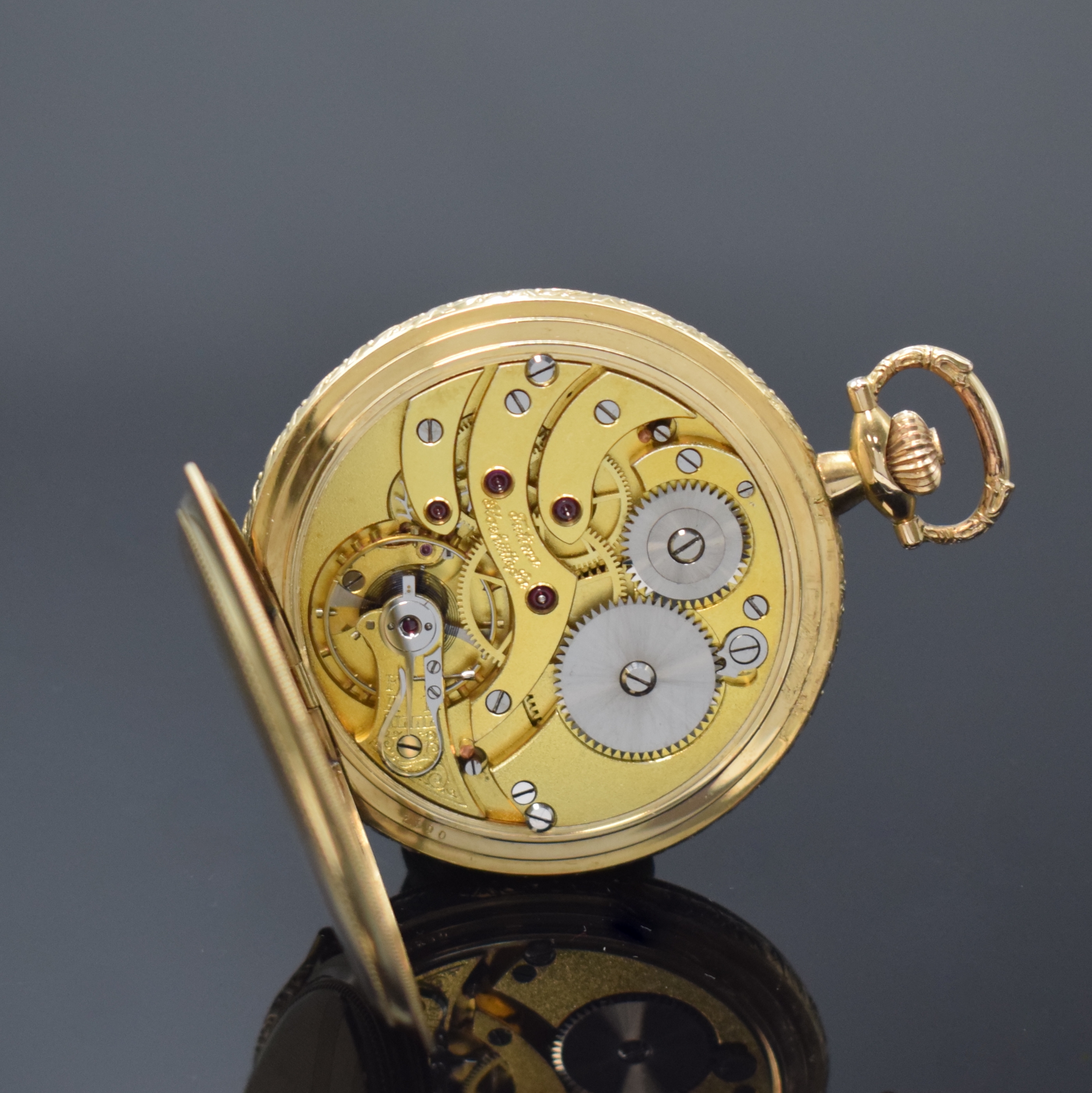 Detail g: TUTIMA Glashütte vergoldete Herrensavonette, Deutschland um 1930, geometrisch guill. Geh. m. Büffel Marke v. Gustav Rau, gold. Zifferbl., gold. ...
