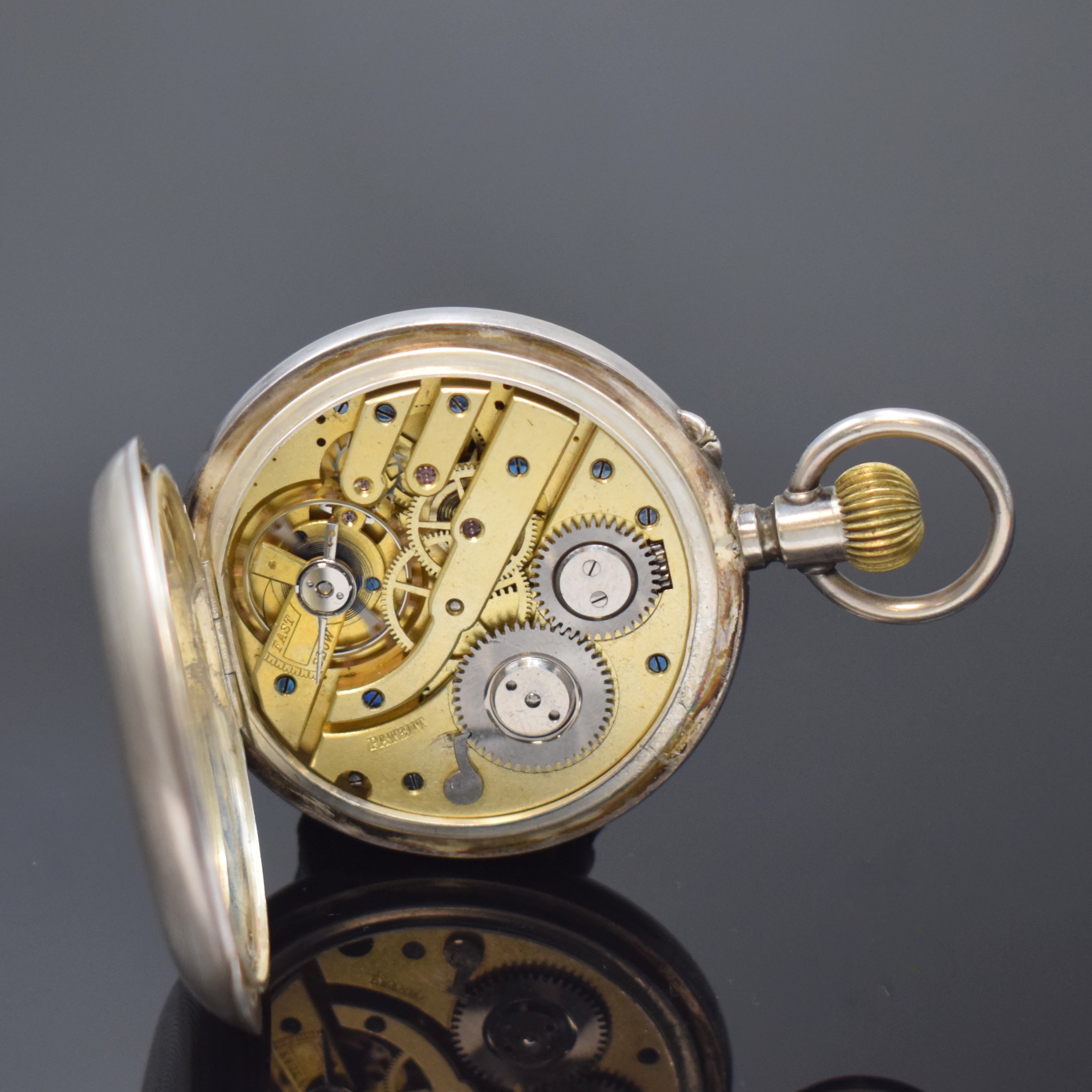 Detail e: Offene Silbertaschenuhr mit digitaler Anzeige nach Patent PALLWEBER, Schweiz/England Hallmark Birmingham 1886, guill. Geh. berieb., Emailzifferbl. ...