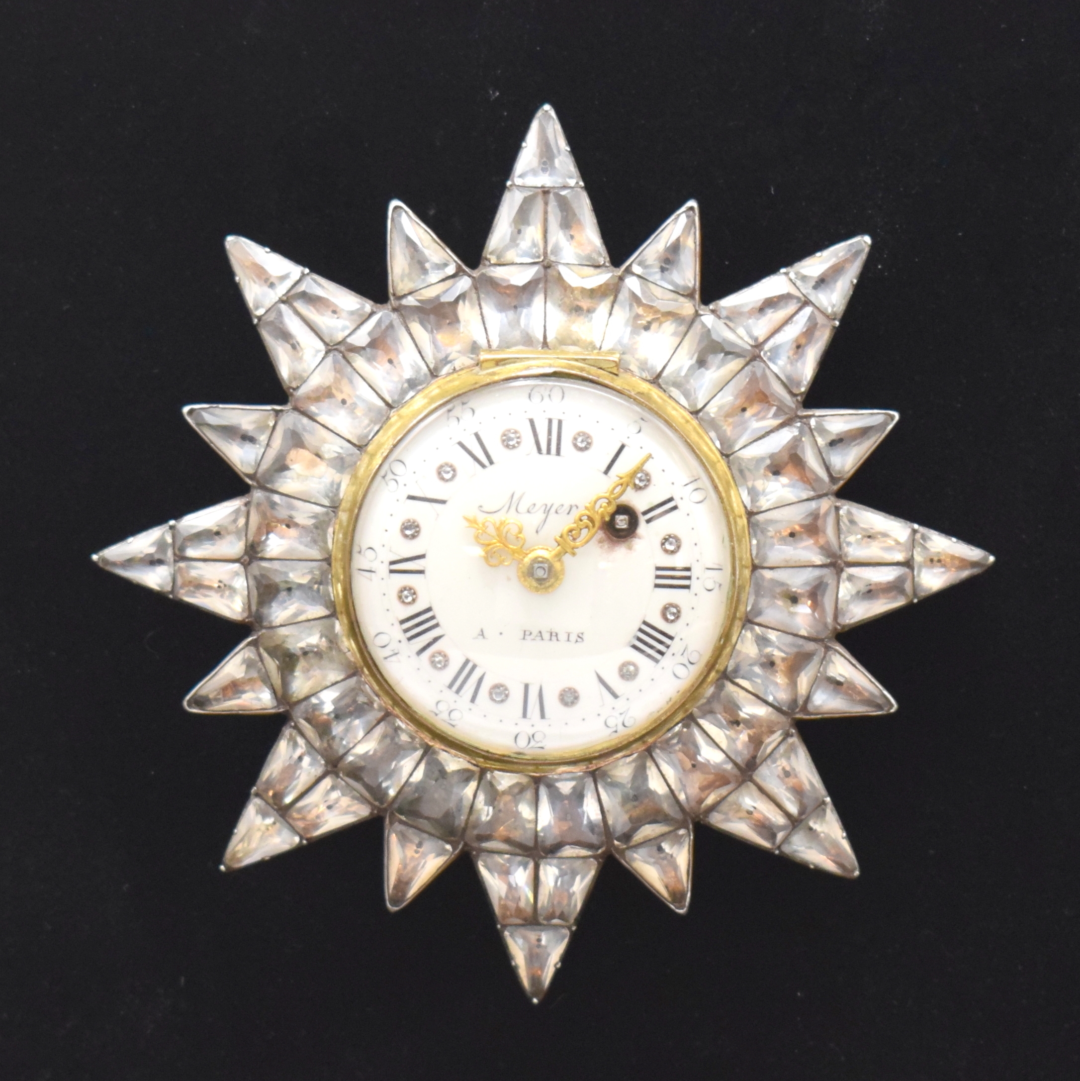 MEYER A PARIS prächtige Brosche in vergoldetem Silber mit eingebauter Spindeluhr, Frankreich/Böhmen um 1780, Sternförmige Brosche m. ...