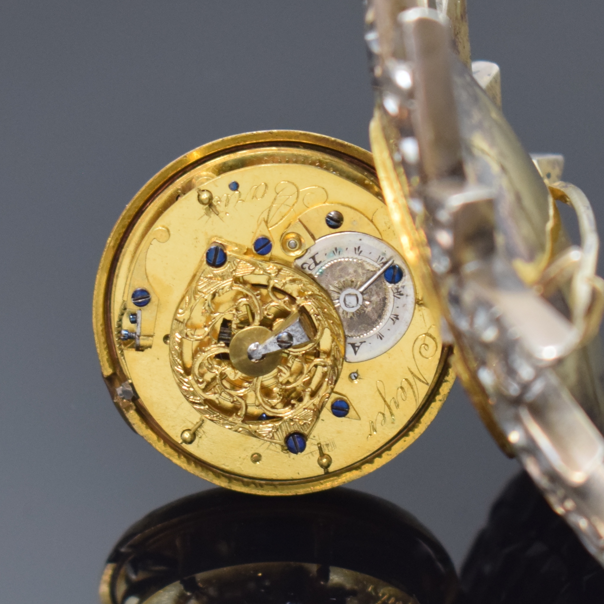 Detail d: MEYER A PARIS prächtige Brosche in vergoldetem Silber mit eingebauter Spindeluhr, Frankreich/Böhmen um 1780, Sternförmige Brosche m. ...