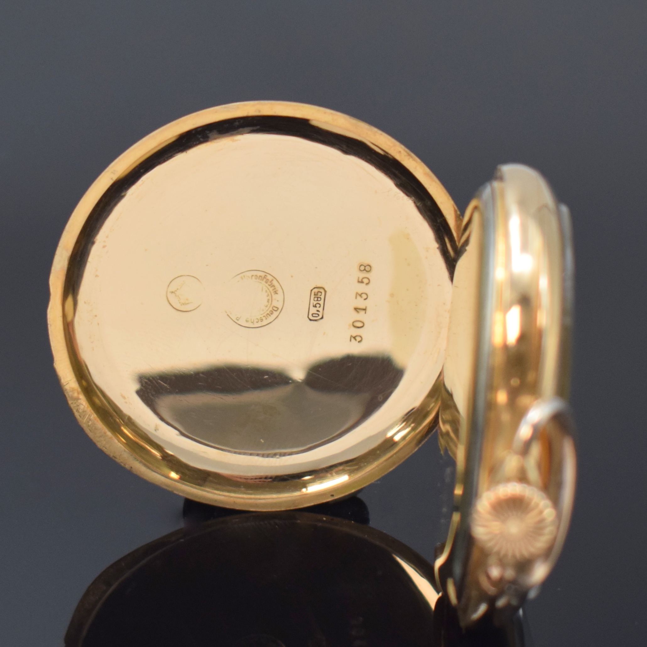Detail b: CENTRA Glashütte Sa / Präzisionsuhrenfabrik e.GmbH offene Taschenuhr in GG 585/000, Deutschland um 1920, glattes Geh. dell., Metallcuvette, verg. ...