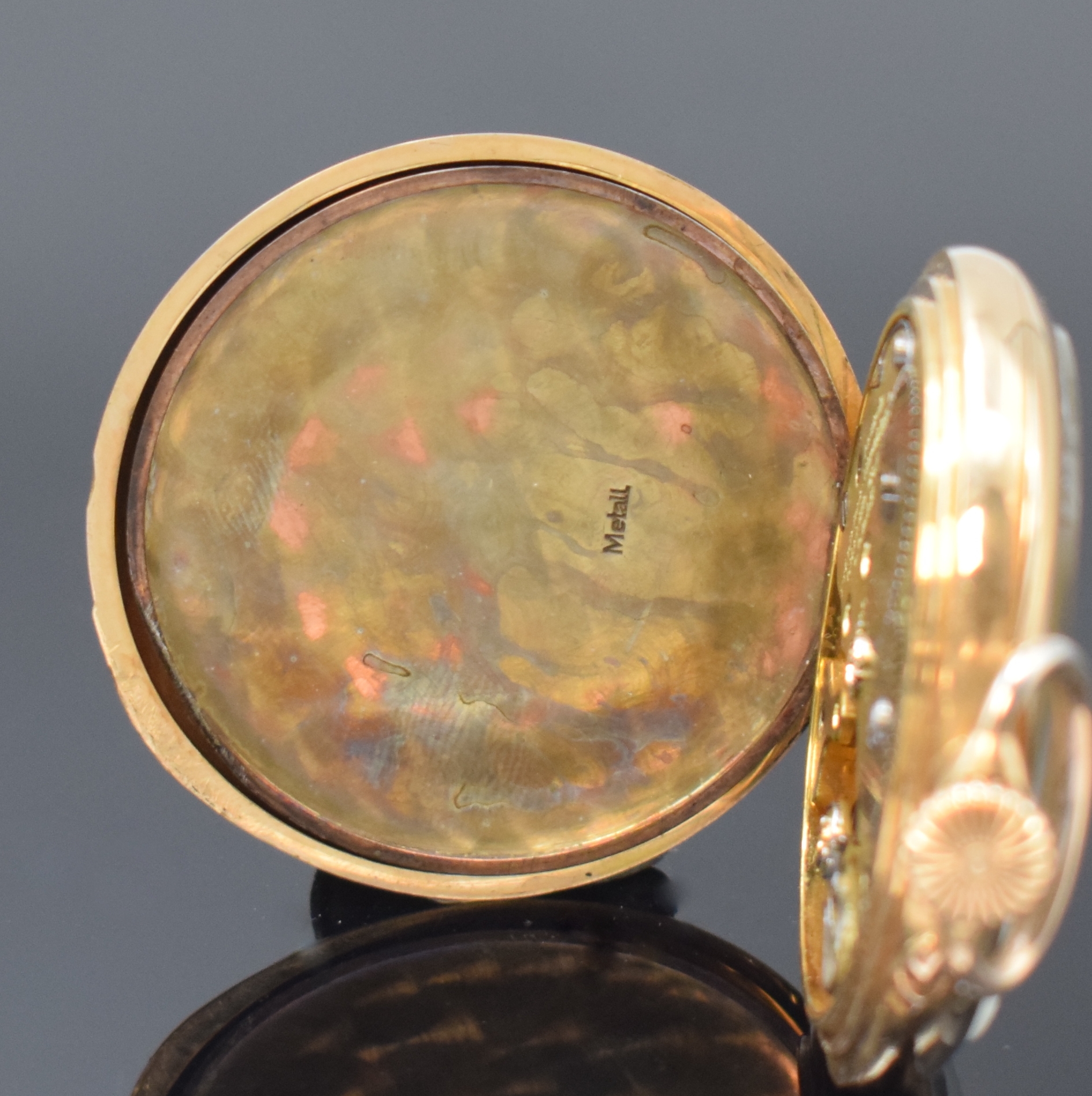 Detail d: CENTRA Glashütte Sa / Präzisionsuhrenfabrik e.GmbH offene Taschenuhr in GG 585/000, Deutschland um 1920, glattes Geh. dell., Metallcuvette, verg. ...
