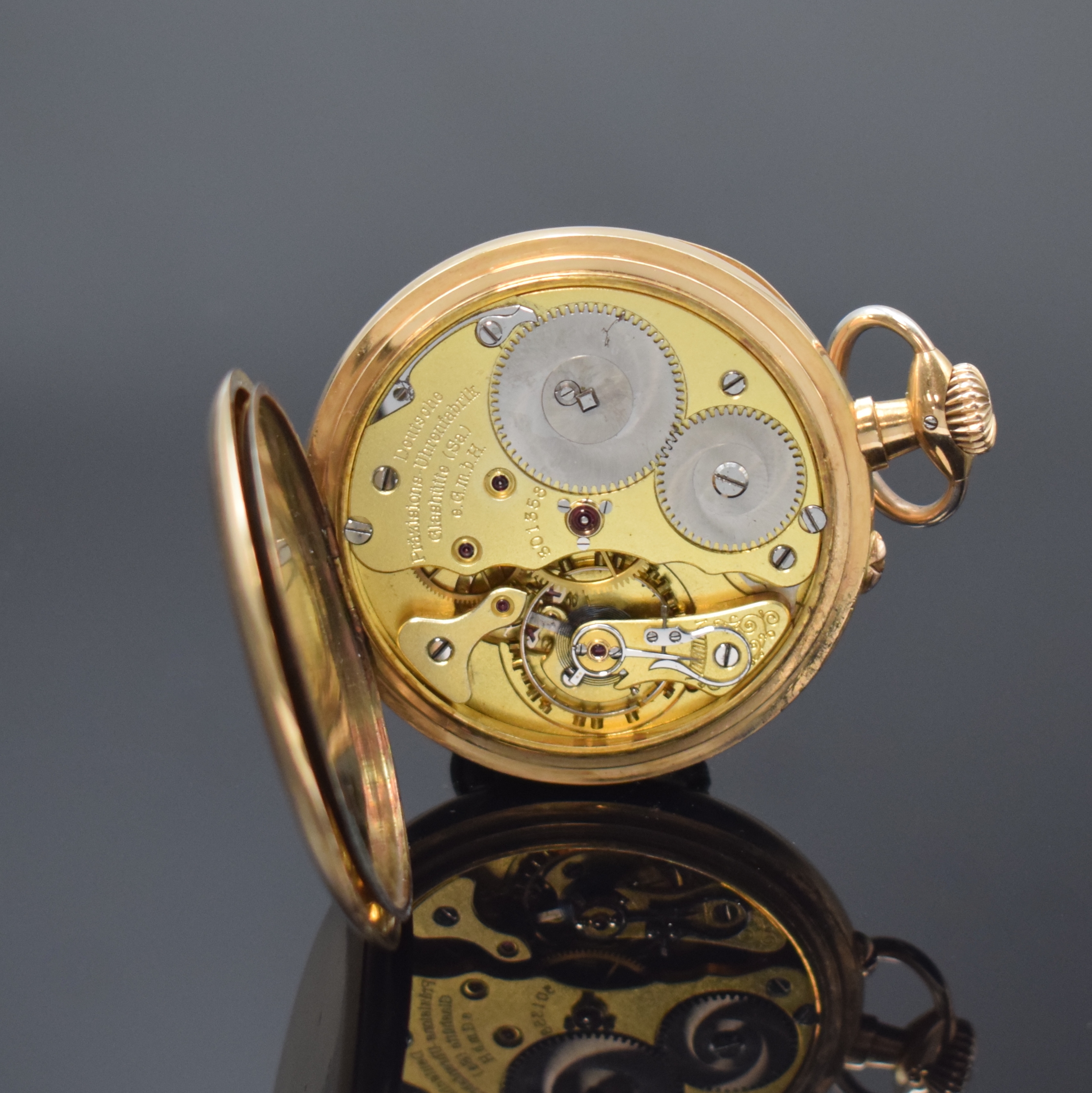 Detail e: CENTRA Glashütte Sa / Präzisionsuhrenfabrik e.GmbH offene Taschenuhr in GG 585/000, Deutschland um 1920, glattes Geh. dell., Metallcuvette, verg. ...
