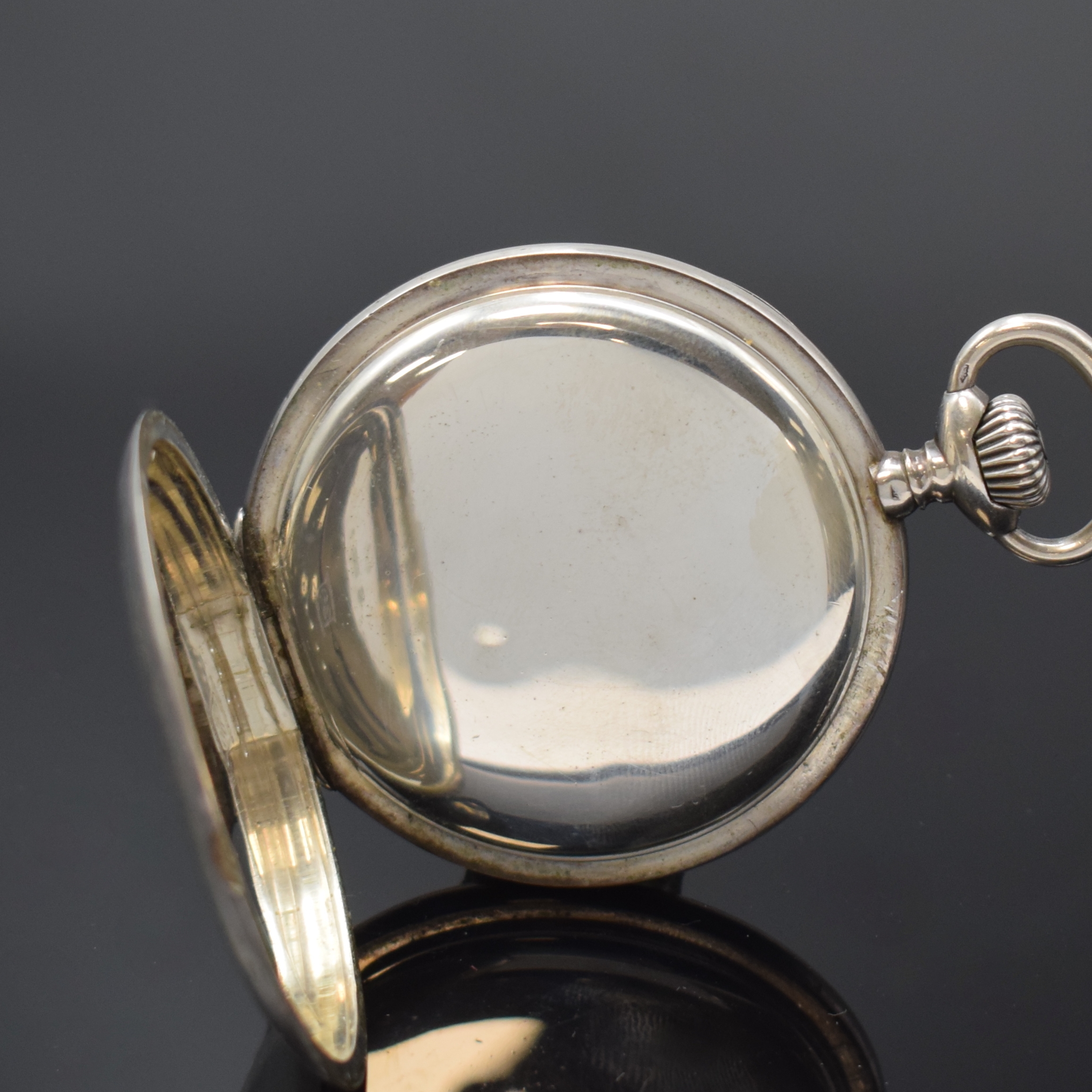 Detail c: J. ASSMANN große offene Silbertaschenuhr, Deutschland um 1920, glattes Geh. dell., 2- tlg. Emailzifferbl. riss., arab. Zahlen, gebl. Birnenzeiger, ...