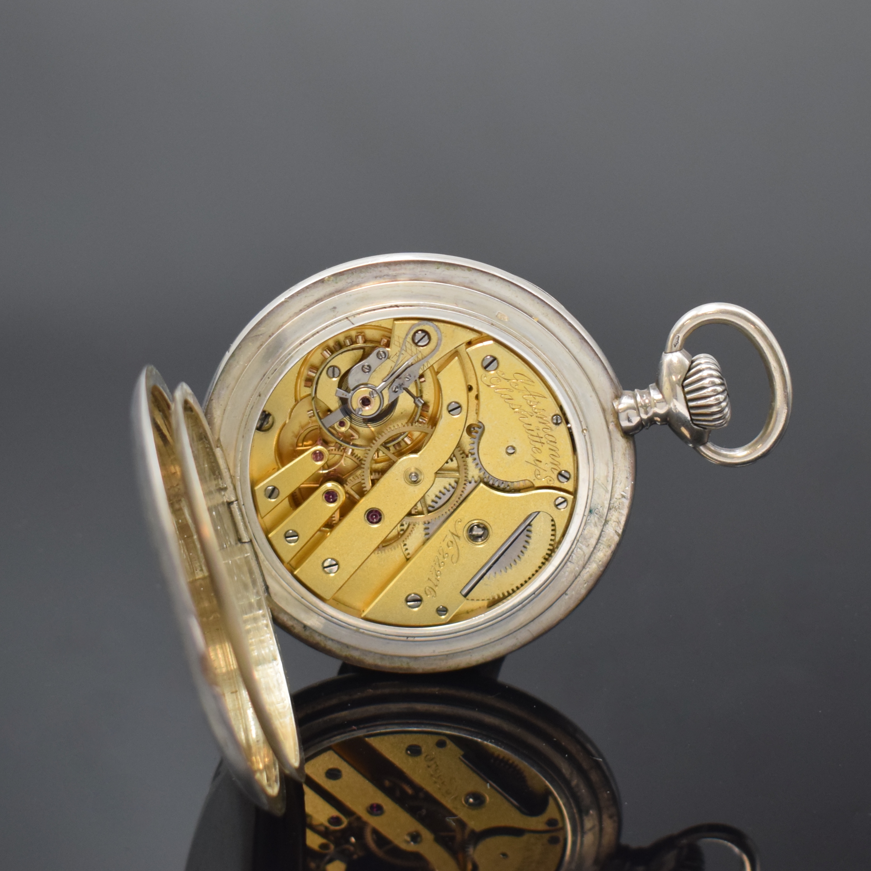 Detail e: J. ASSMANN große offene Silbertaschenuhr, Deutschland um 1920, glattes Geh. dell., 2- tlg. Emailzifferbl. riss., arab. Zahlen, gebl. Birnenzeiger, ...