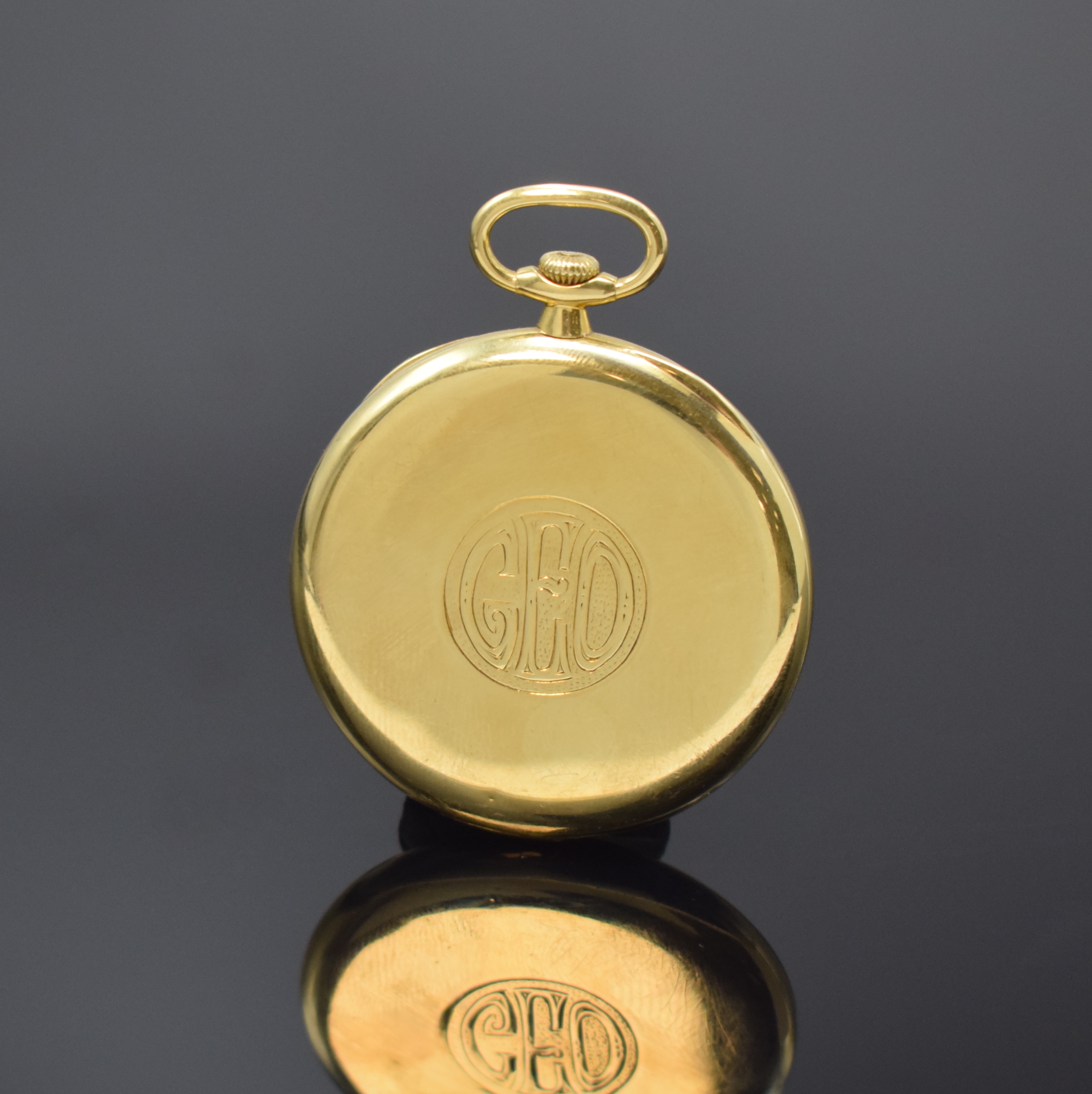 Detail a: PATEK PHILIPPE & Cie offene Frackuhr in GG 750/000, Schweiz um 1925, glattes Geh. dell. m. gekürztem Scharnier, matt-silb. Zifferbl. pat., aufges. ...