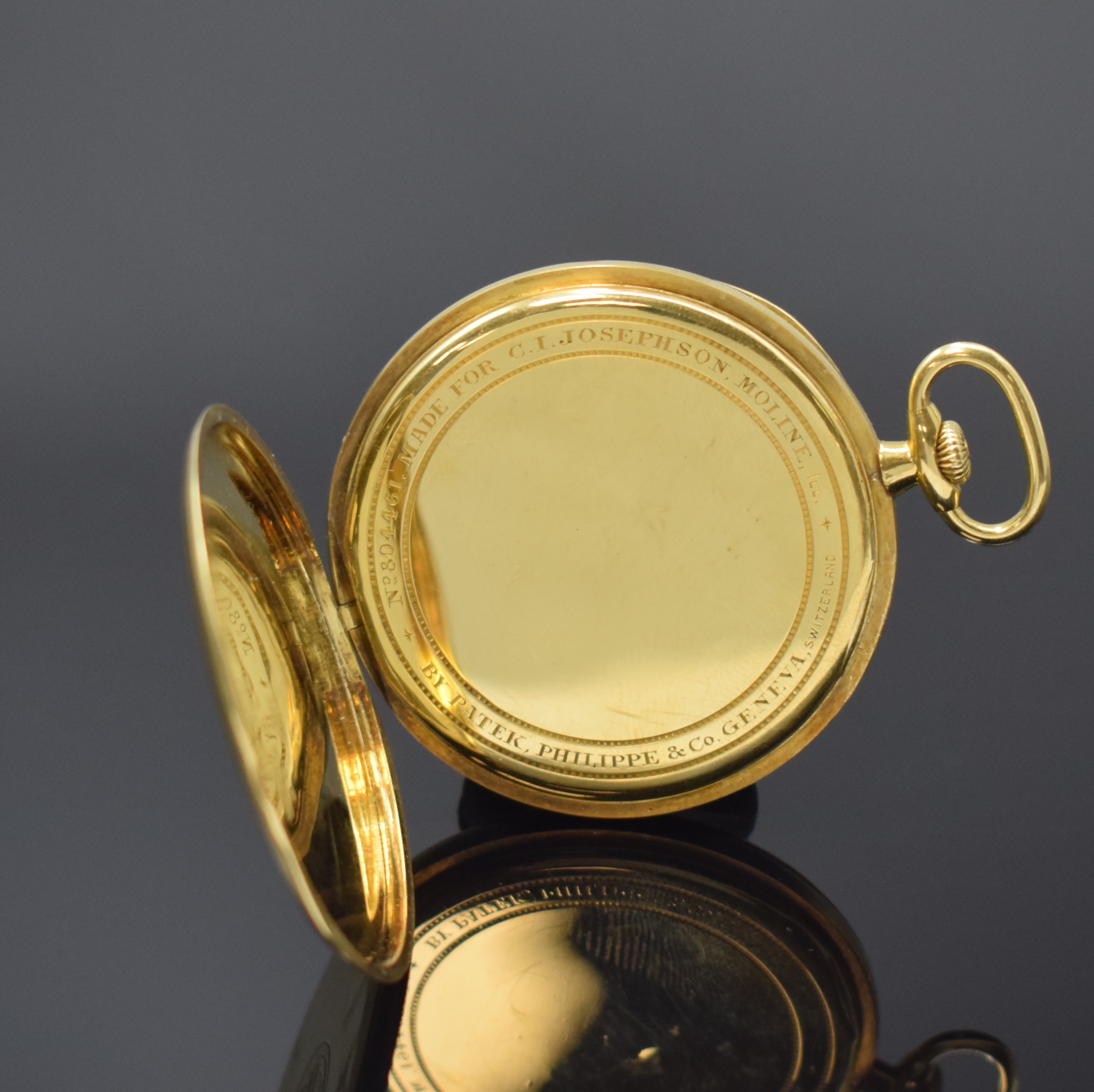 Detail c: PATEK PHILIPPE & Cie offene Frackuhr in GG 750/000, Schweiz um 1925, glattes Geh. dell. m. gekürztem Scharnier, matt-silb. Zifferbl. pat., aufges. ...