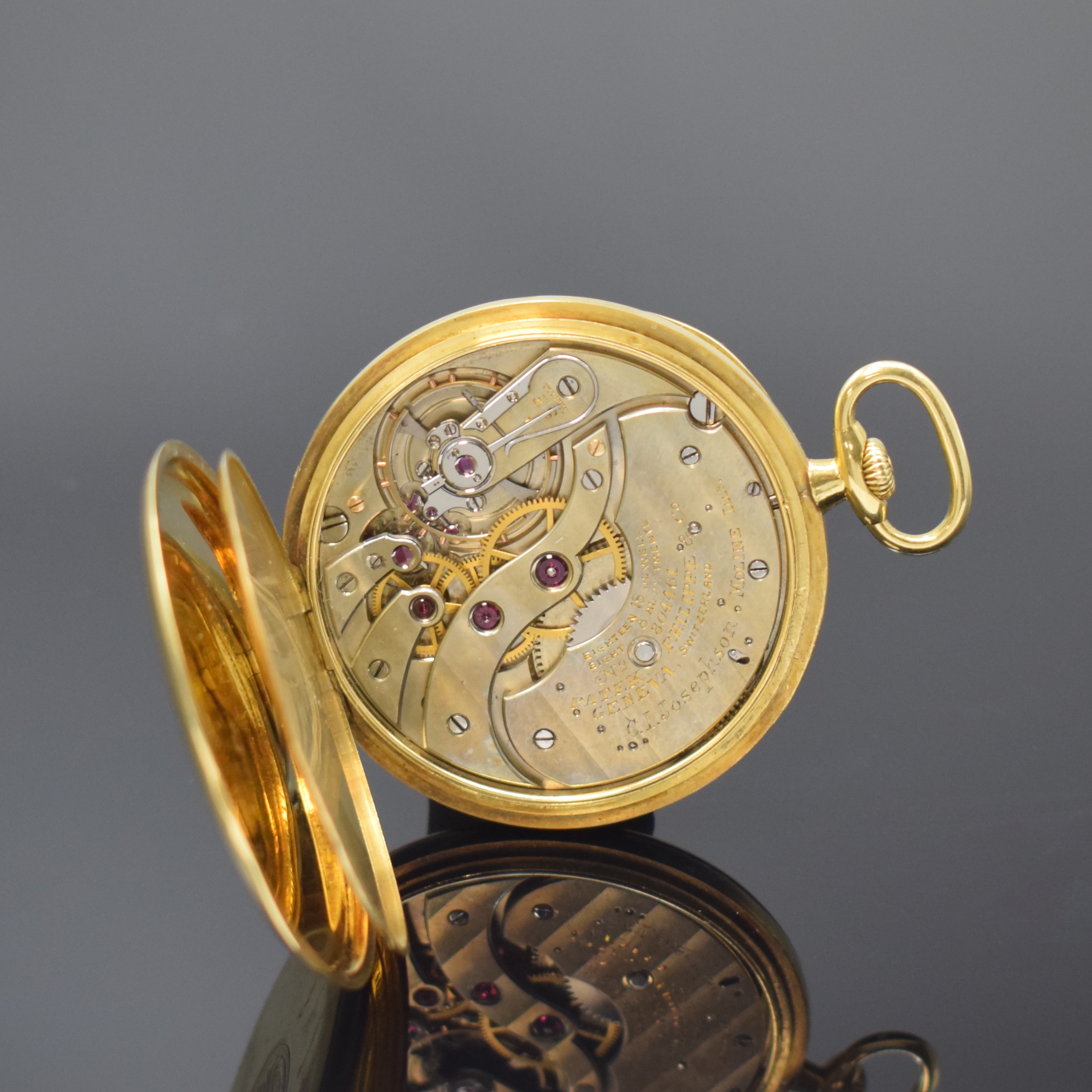 Detail e: PATEK PHILIPPE & Cie offene Frackuhr in GG 750/000, Schweiz um 1925, glattes Geh. dell. m. gekürztem Scharnier, matt-silb. Zifferbl. pat., aufges. ...