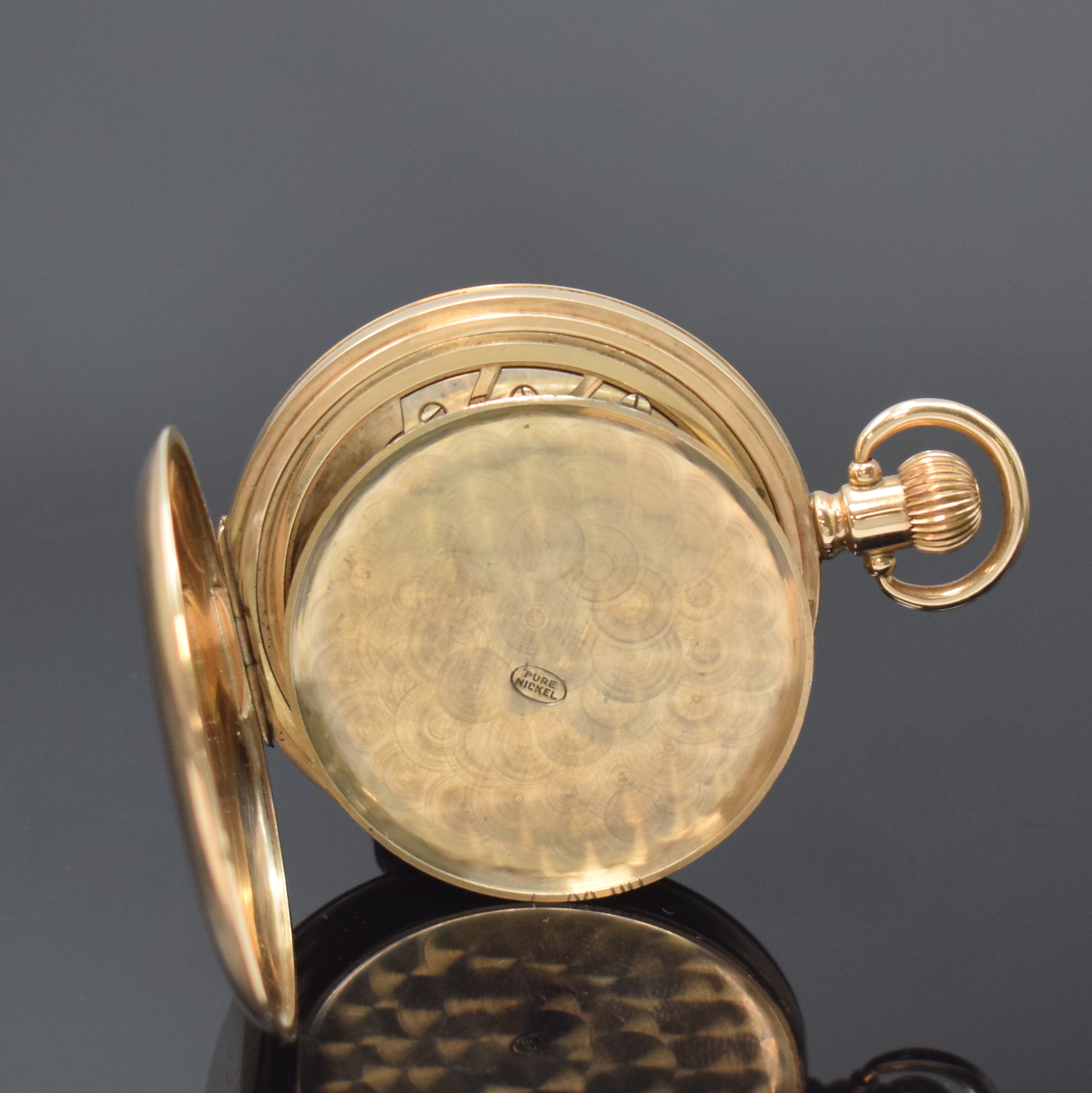 Detail f: ROLEX Halbsavonette in RG 375/000, Schweiz um 1925, glattes 2-Deckel Goldgeh., Metallcuvette m. Widmungsgrav., Emailzifferbl. riss., arab. Zahlen, ...