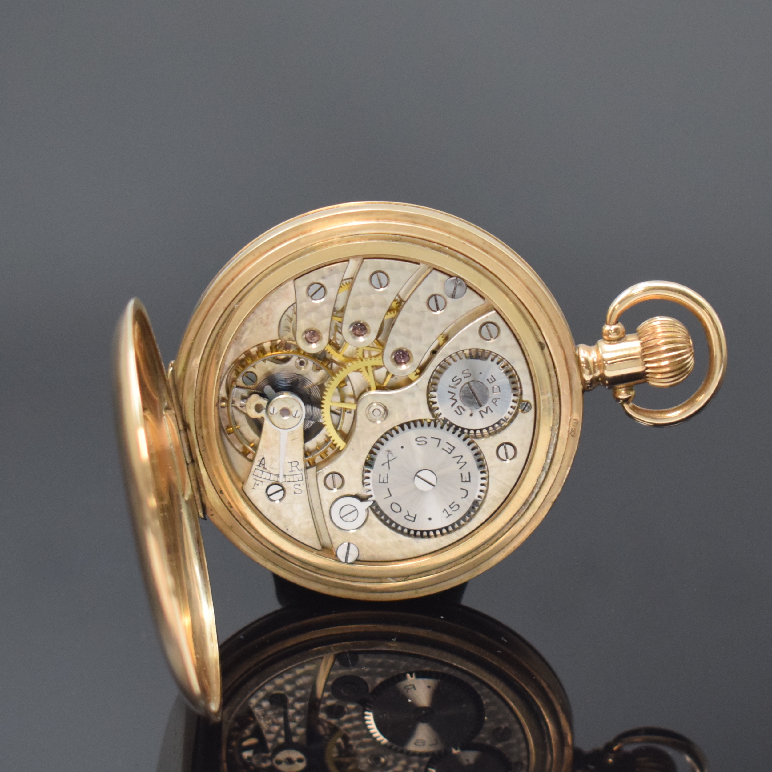 Detail g: ROLEX Halbsavonette in RG 375/000, Schweiz um 1925, glattes 2-Deckel Goldgeh., Metallcuvette m. Widmungsgrav., Emailzifferbl. riss., arab. Zahlen, ...