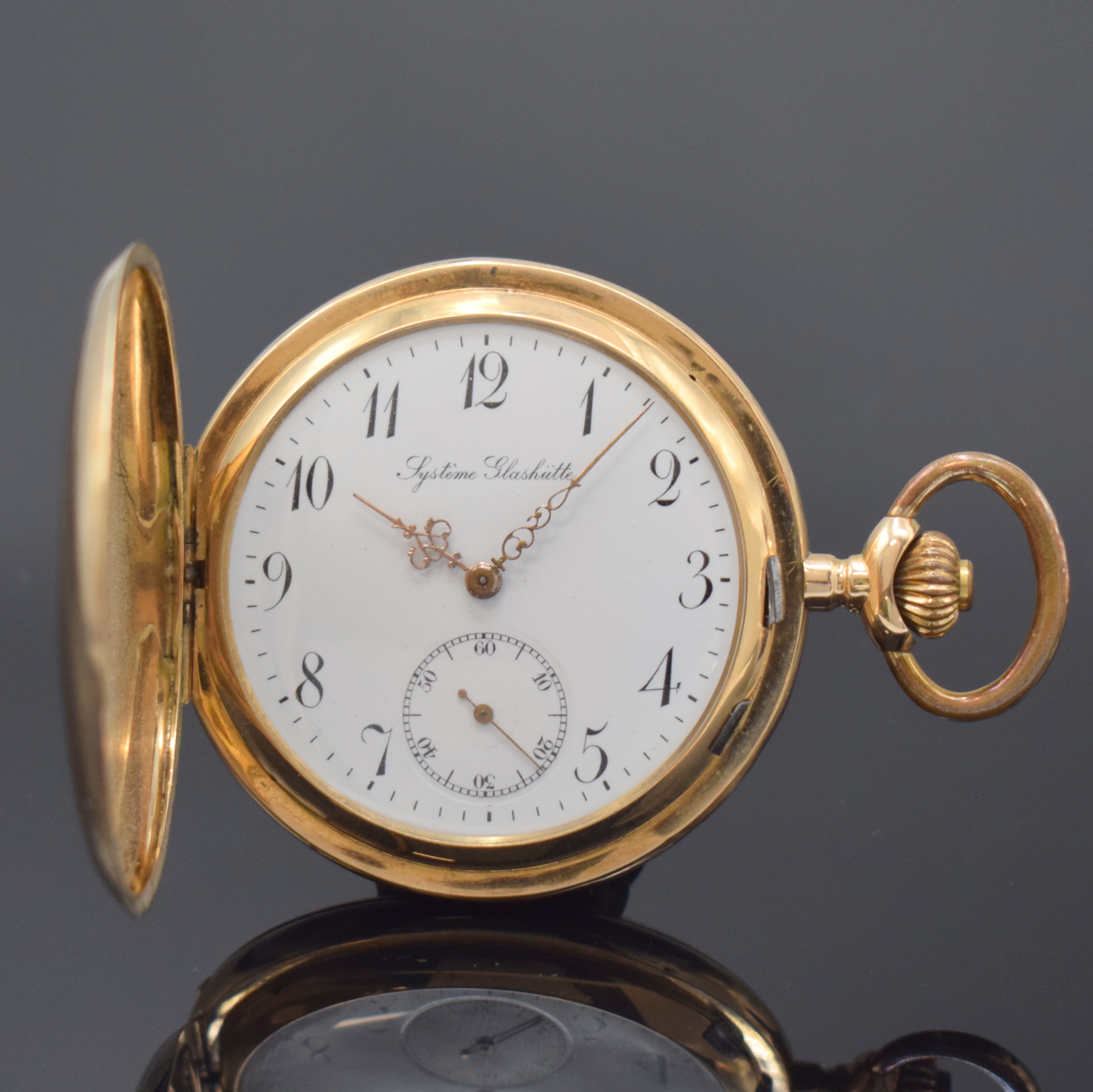 SYSTEM GLASHÜTTE Herrensavonette in RoseG 585/000, Schweiz um 1900, glattes 3-Deckel Goldgeh. dell., Emailzifferbl., arab. Zahlen, kl. Sek. b. 6, ...