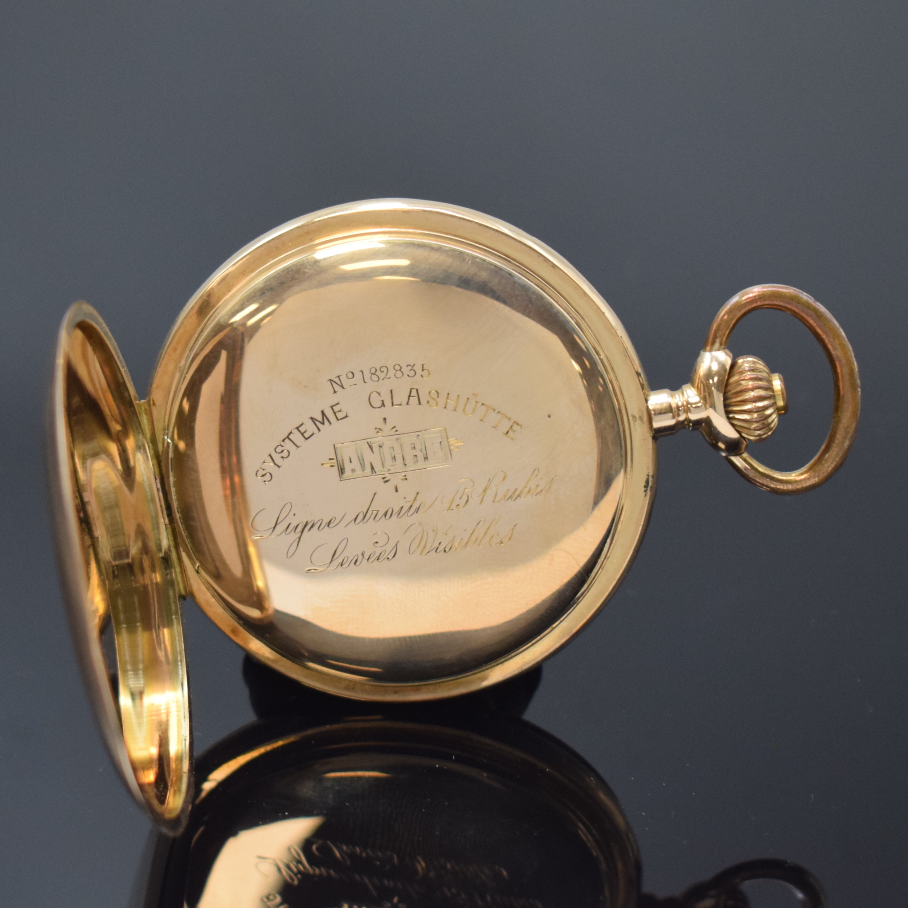 Detail d: SYSTEM GLASHÜTTE Herrensavonette in RoseG 585/000, Schweiz um 1900, glattes 3-Deckel Goldgeh. dell., Emailzifferbl., arab. Zahlen, kl. Sek. b. 6, ...