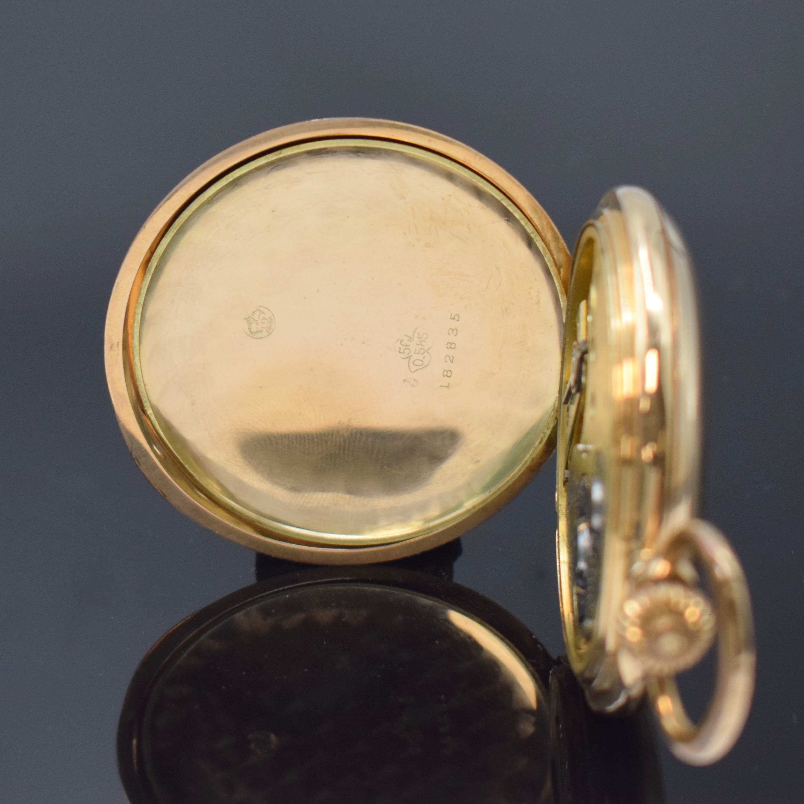 Detail e: SYSTEM GLASHÜTTE Herrensavonette in RoseG 585/000, Schweiz um 1900, glattes 3-Deckel Goldgeh. dell., Emailzifferbl., arab. Zahlen, kl. Sek. b. 6, ...