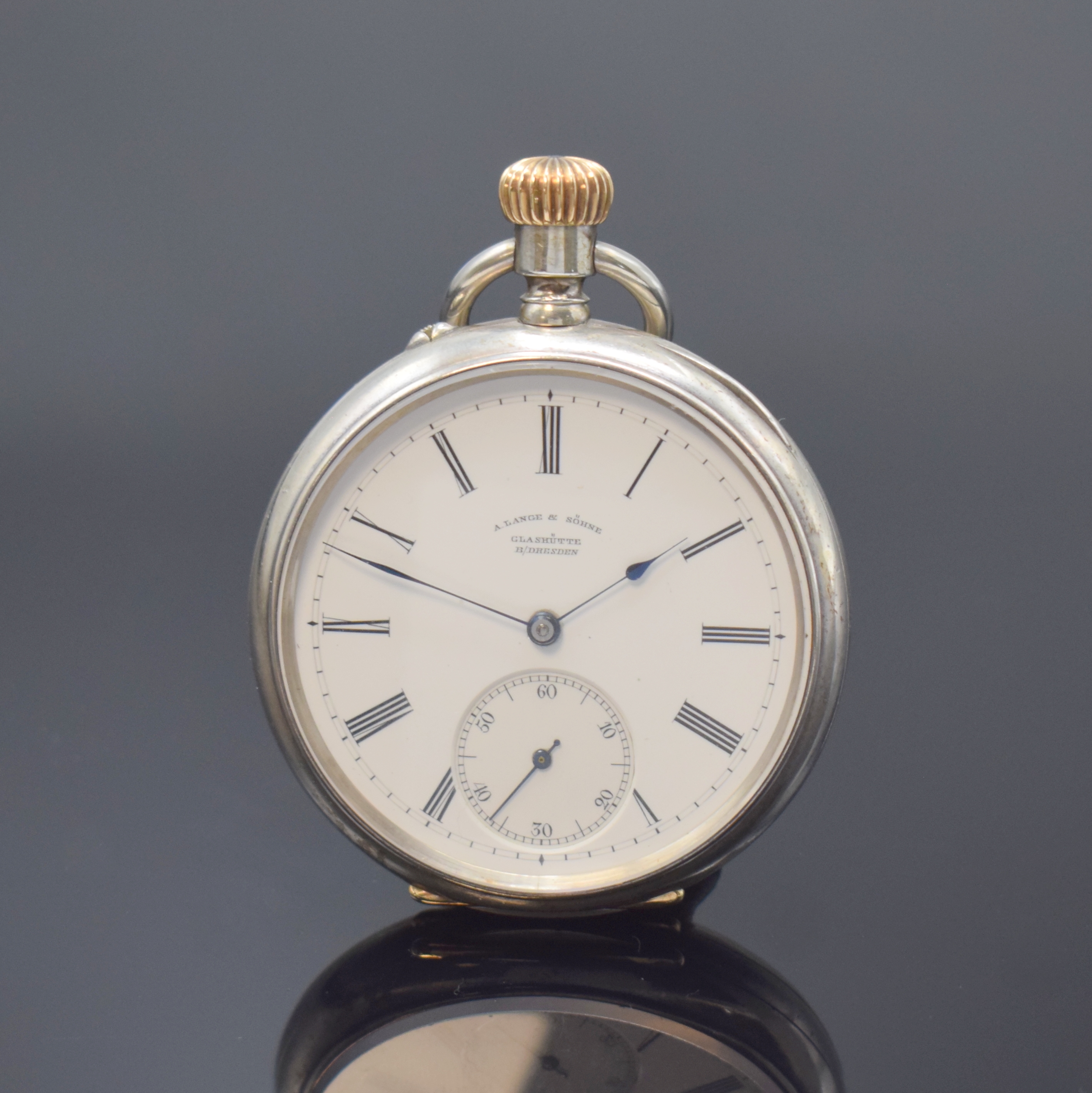 A. LANGE & SÖHNE offene Silbertaschenuhr, Deutschland um 1890, glattes Jürgens-Geh. dell., Goldscharniere, 2-tlg. Emailzifferbl., gebl. ...