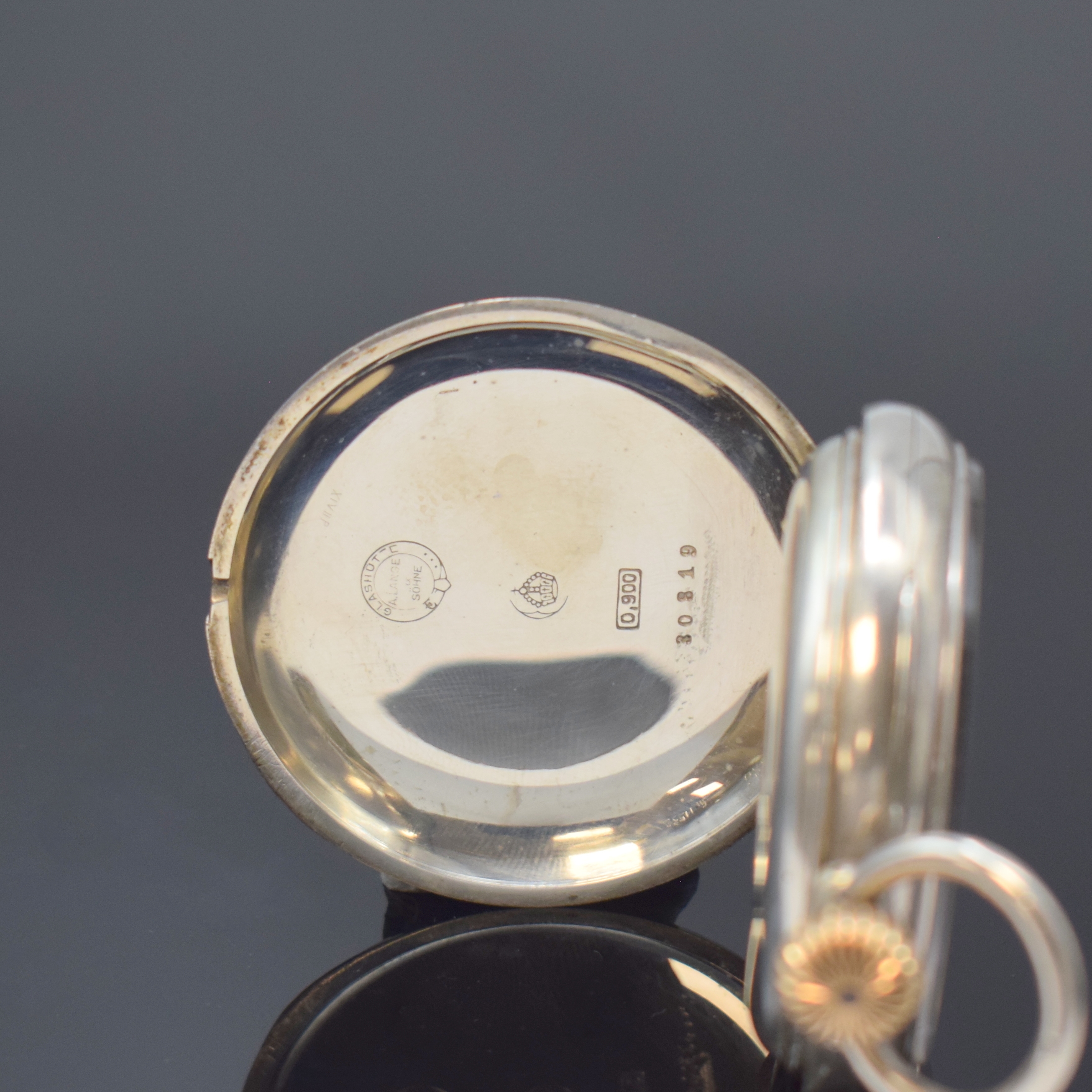 Detail b: A. LANGE & SÖHNE offene Silbertaschenuhr, Deutschland um 1890, glattes Jürgens-Geh. dell., Goldscharniere, 2-tlg. Emailzifferbl., gebl. ...