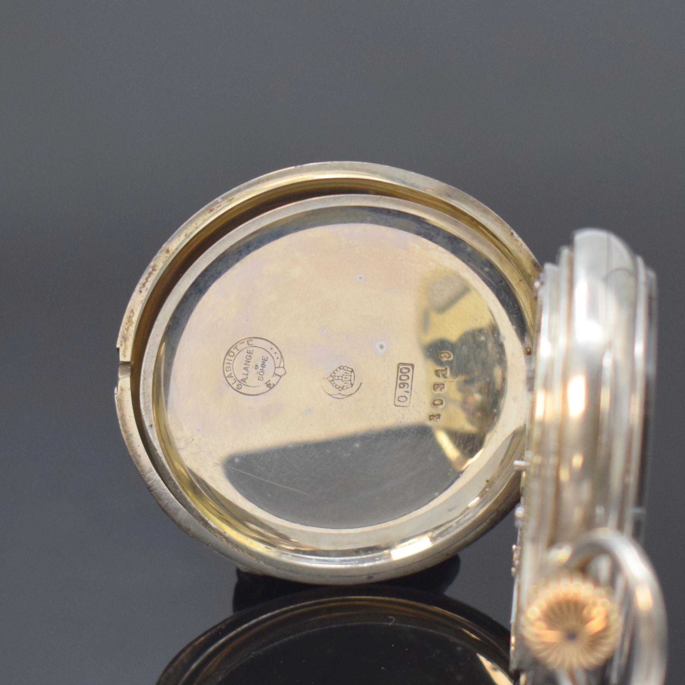 Detail d: A. LANGE & SÖHNE offene Silbertaschenuhr, Deutschland um 1890, glattes Jürgens-Geh. dell., Goldscharniere, 2-tlg. Emailzifferbl., gebl. ...