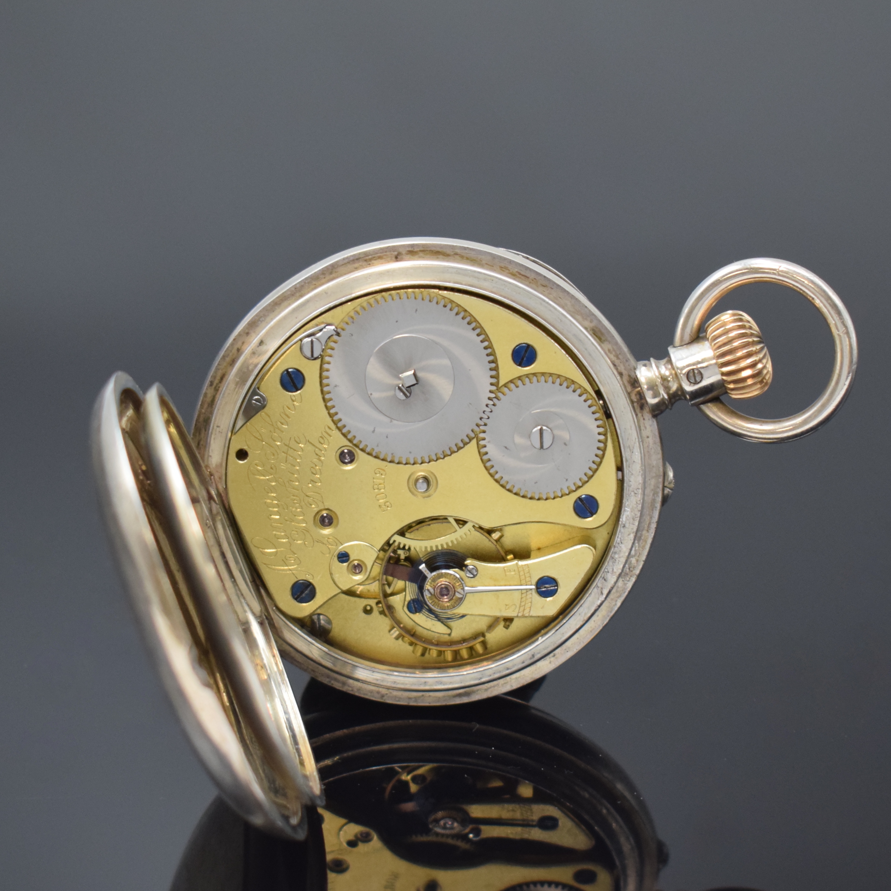 Detail e: A. LANGE & SÖHNE offene Silbertaschenuhr, Deutschland um 1890, glattes Jürgens-Geh. dell., Goldscharniere, 2-tlg. Emailzifferbl., gebl. ...