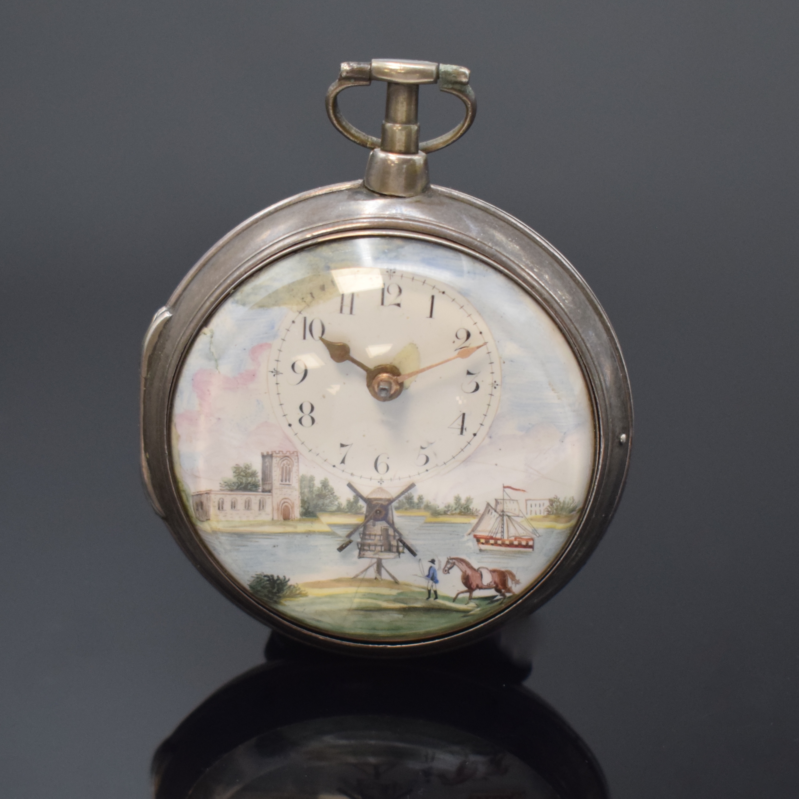 WILIAM HUGGIN Spindeltaschenuhr mit polychrom bemaltem Emailzifferblatt in Silber, London Hallmark 1803, glatte Sterlingsilber-Geh., Übergeh. m. ...