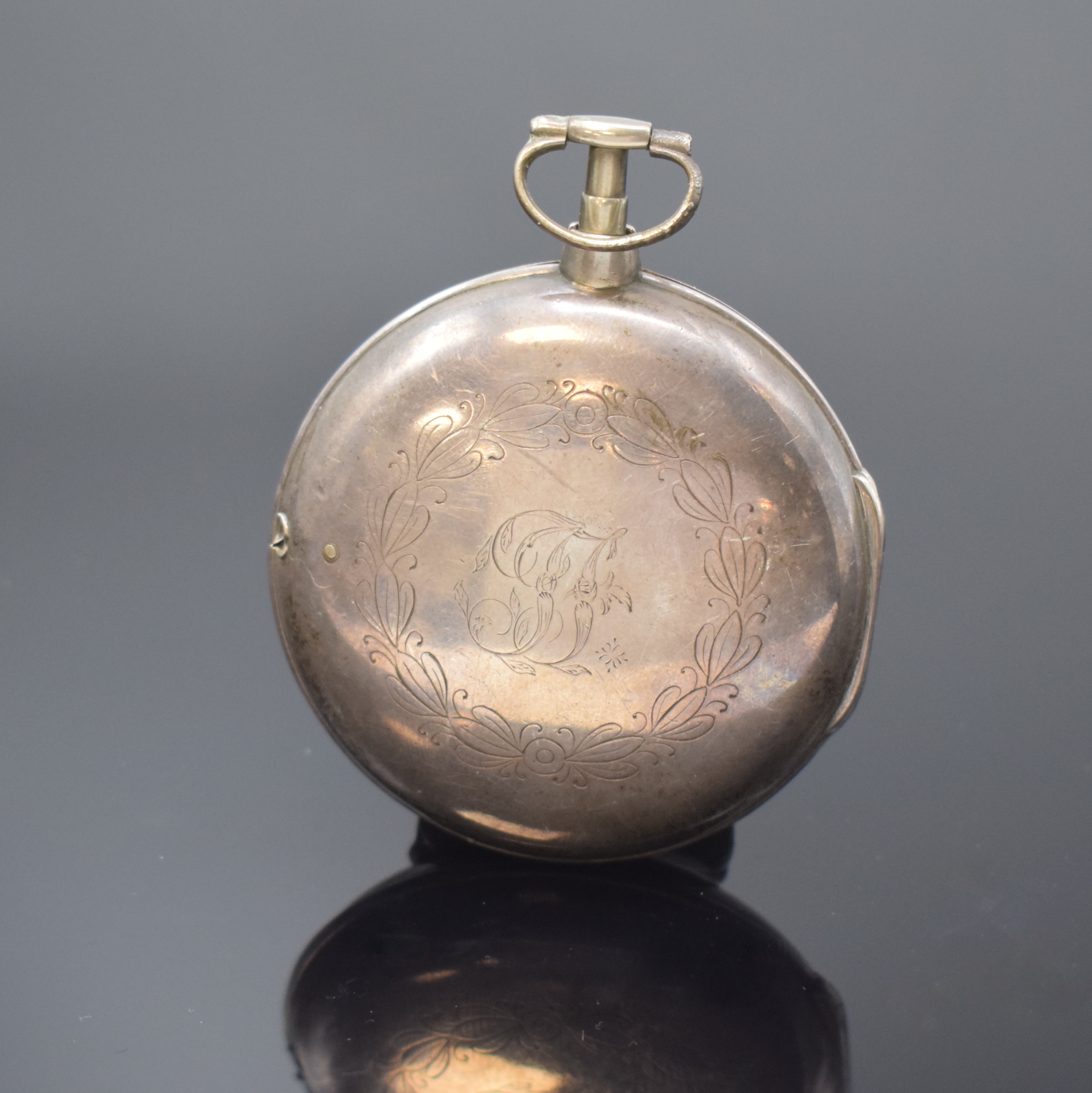 Detail a: WILIAM HUGGIN Spindeltaschenuhr mit polychrom bemaltem Emailzifferblatt in Silber, London Hallmark 1803, glatte Sterlingsilber-Geh., Übergeh. m. ...