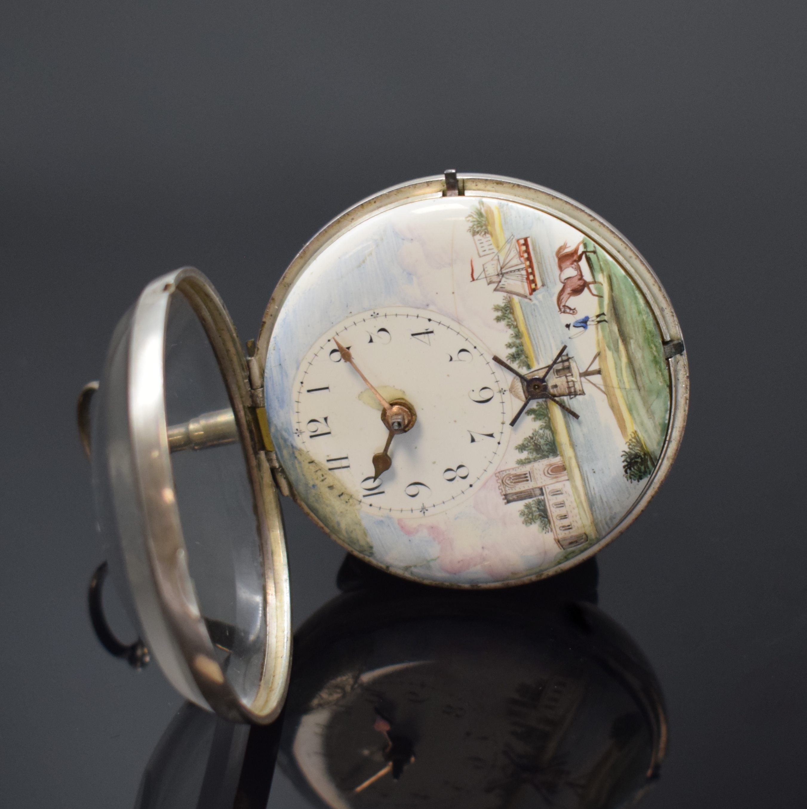 Detail c: WILIAM HUGGIN Spindeltaschenuhr mit polychrom bemaltem Emailzifferblatt in Silber, London Hallmark 1803, glatte Sterlingsilber-Geh., Übergeh. m. ...