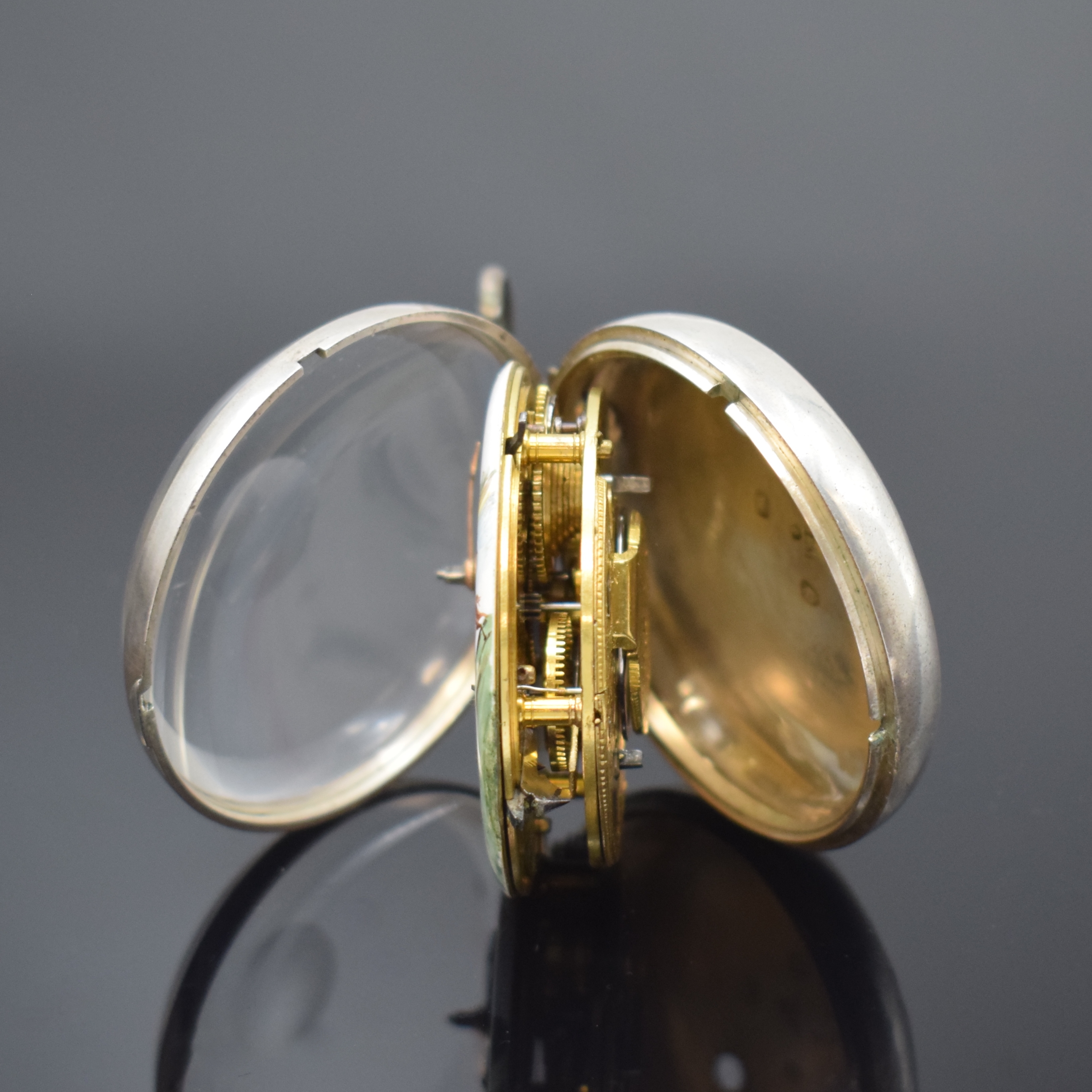 Detail f: WILIAM HUGGIN Spindeltaschenuhr mit polychrom bemaltem Emailzifferblatt in Silber, London Hallmark 1803, glatte Sterlingsilber-Geh., Übergeh. m. ...