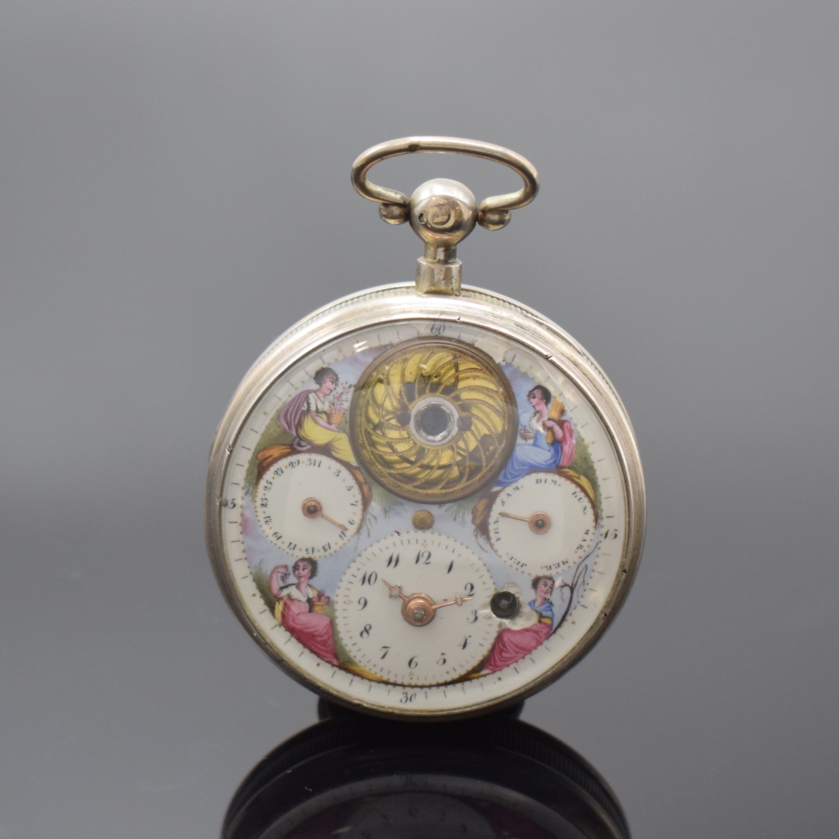 Spindeltaschenuhr mit Tag, Datum und sichtbarer Unruh in Silber, Frankreich/ Schweiz um 1820, glattes Geh. dell., gerippter Rand, polychrom bemaltes ...