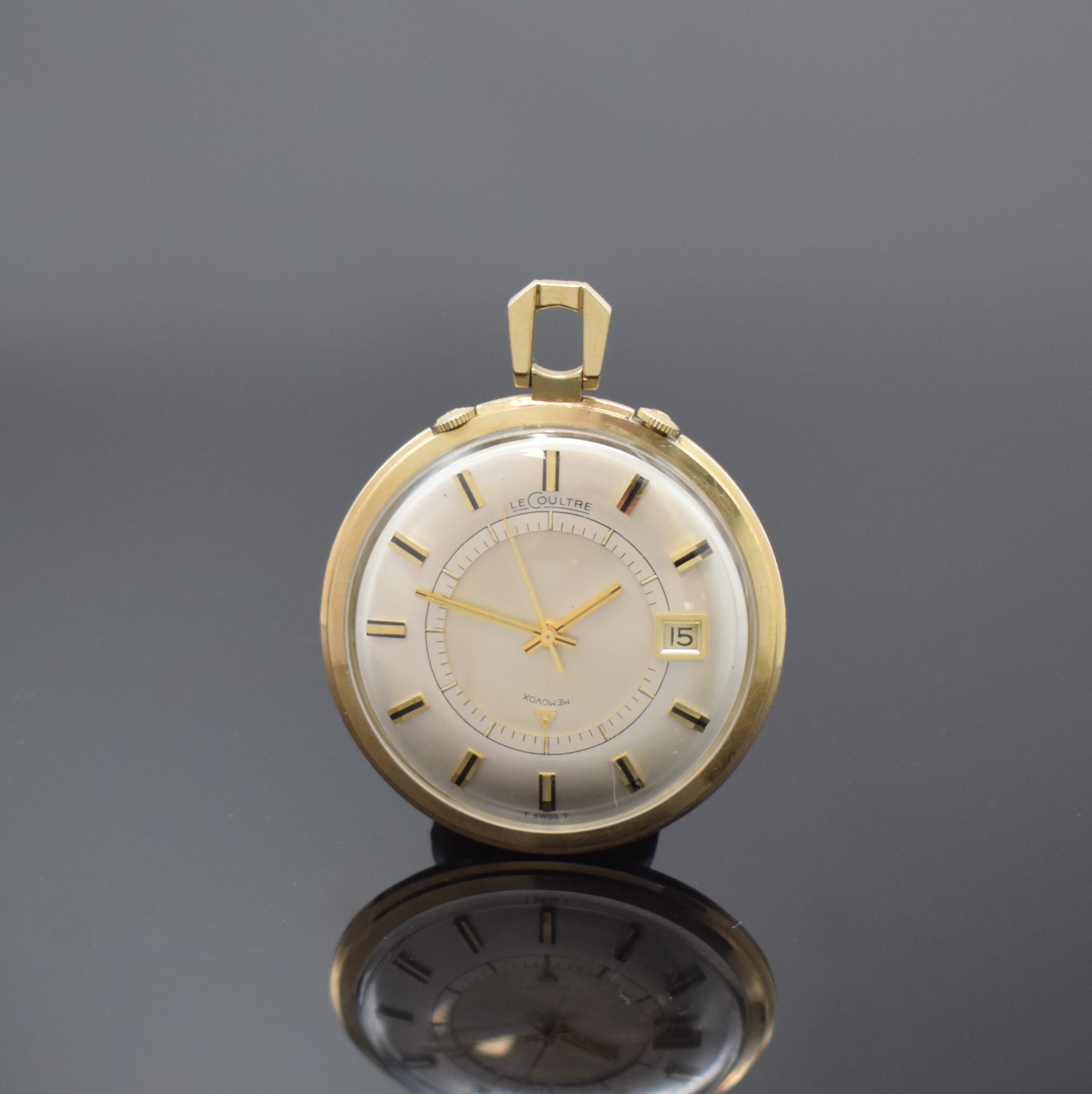 LeCoultre Memovox vergoldeter Taschenwecker, Schweiz/USA um 1965, Handaufzug, 2-tlg. 10k- Goldfilled-Geh., Boden aufgedr., orig. Kronen, silb. ...