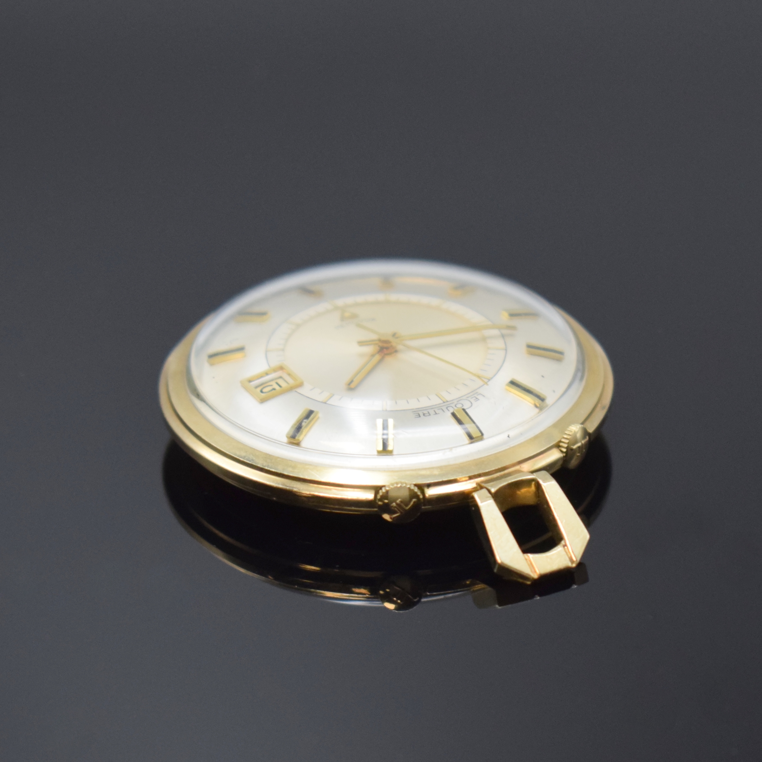 Detail b: LeCoultre Memovox vergoldeter Taschenwecker, Schweiz/USA um 1965, Handaufzug, 2-tlg. 10k- Goldfilled-Geh., Boden aufgedr., orig. Kronen, silb. ...