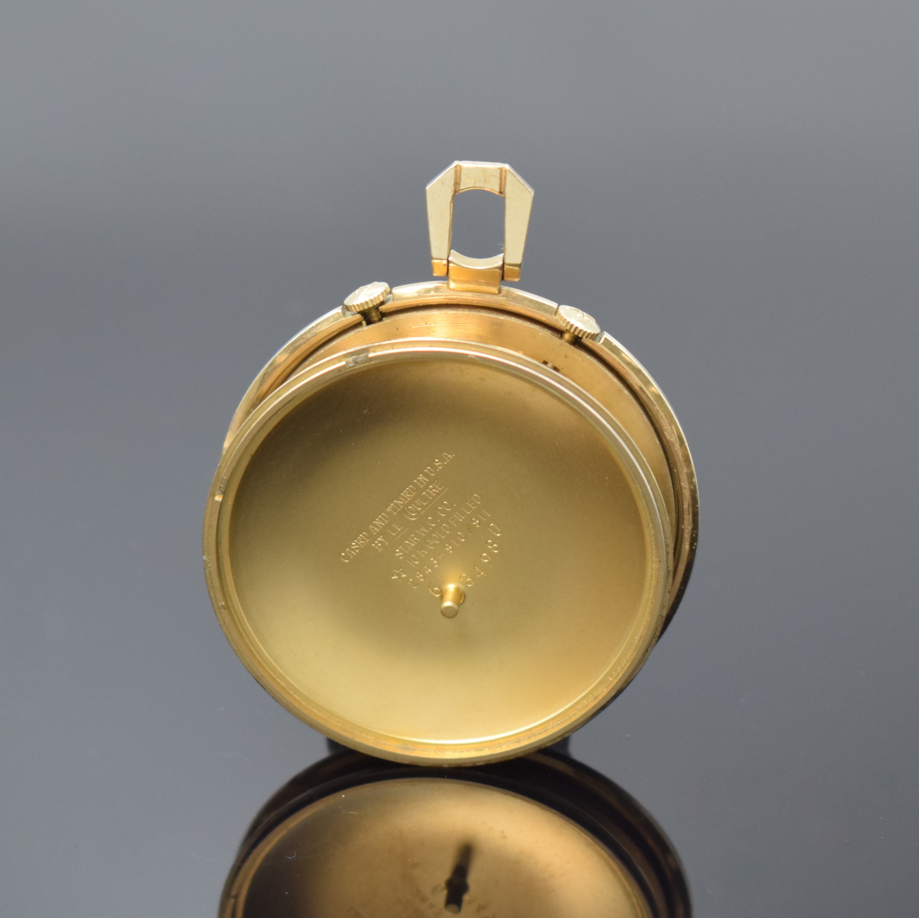 Detail d: LeCoultre Memovox vergoldeter Taschenwecker, Schweiz/USA um 1965, Handaufzug, 2-tlg. 10k- Goldfilled-Geh., Boden aufgedr., orig. Kronen, silb. ...