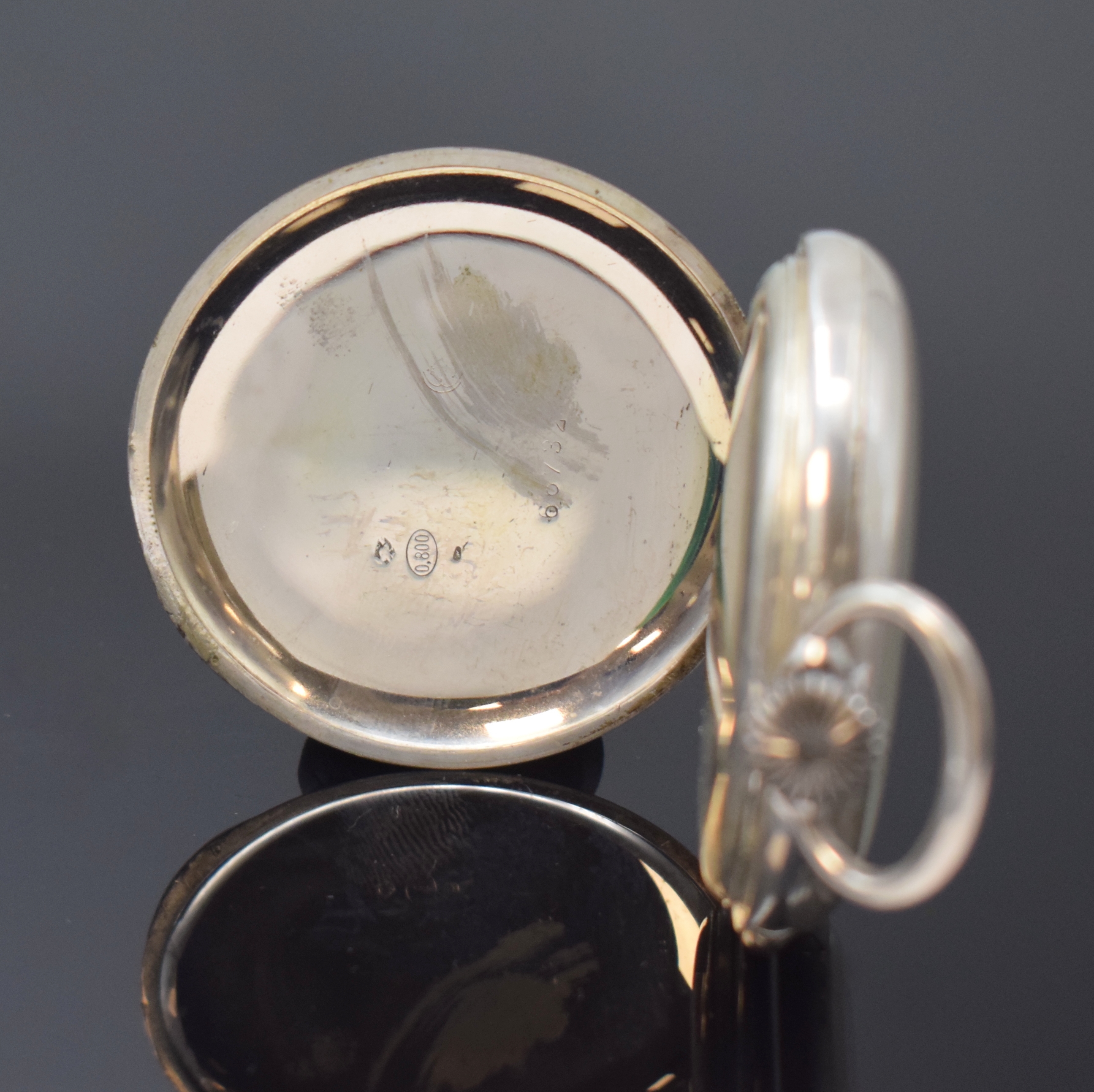 Detail b: L. SPÖRING - RÖTHLIN, Lucerne offene Silbertaschenuhr mit 1/4 Repetition, Schweiz um 1910, glattes 800er Silbergeh. dell., Metallzifferbl. m. ...