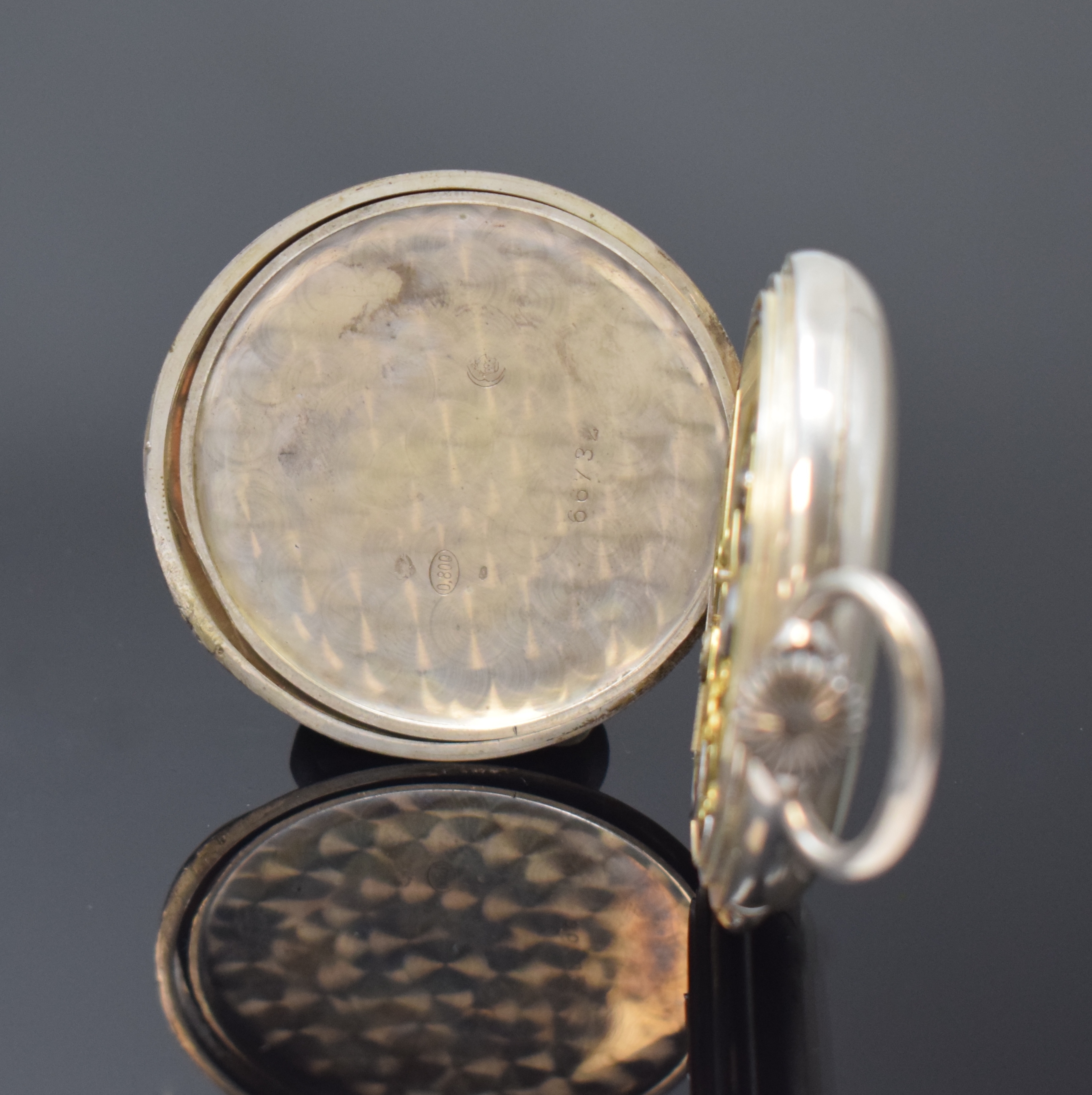 Detail d: L. SPÖRING - RÖTHLIN, Lucerne offene Silbertaschenuhr mit 1/4 Repetition, Schweiz um 1910, glattes 800er Silbergeh. dell., Metallzifferbl. m. ...