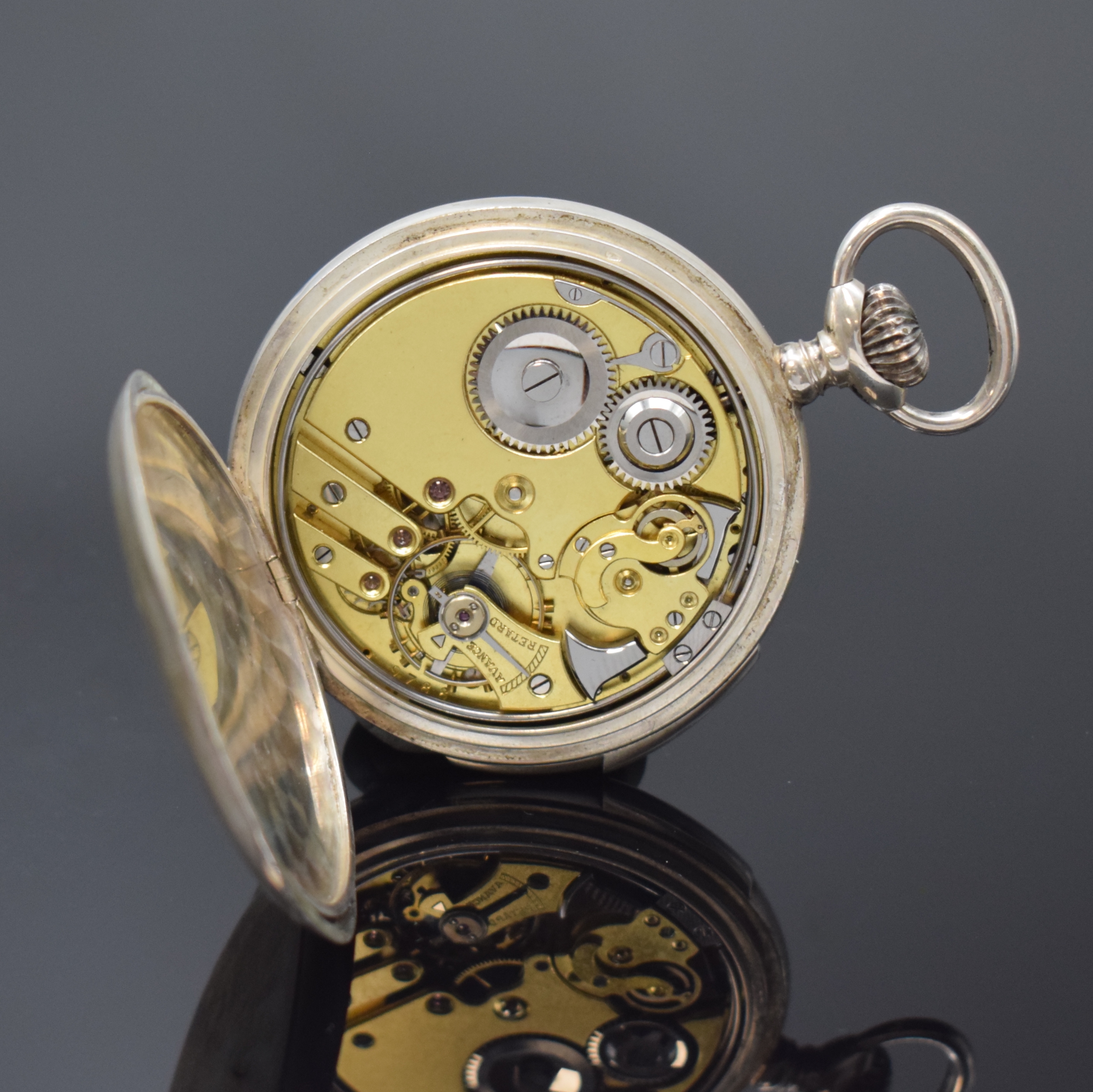 Detail e: L. SPÖRING - RÖTHLIN, Lucerne offene Silbertaschenuhr mit 1/4 Repetition, Schweiz um 1910, glattes 800er Silbergeh. dell., Metallzifferbl. m. ...